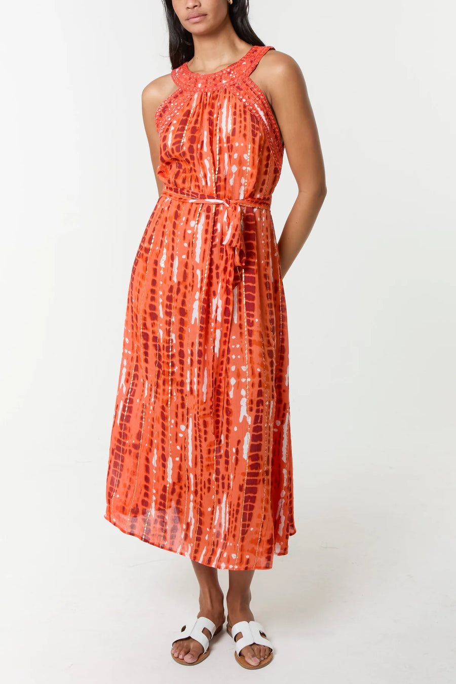 orange halter neck midi dress Red Dress | Orange Linen Blend Halter Midi Dress