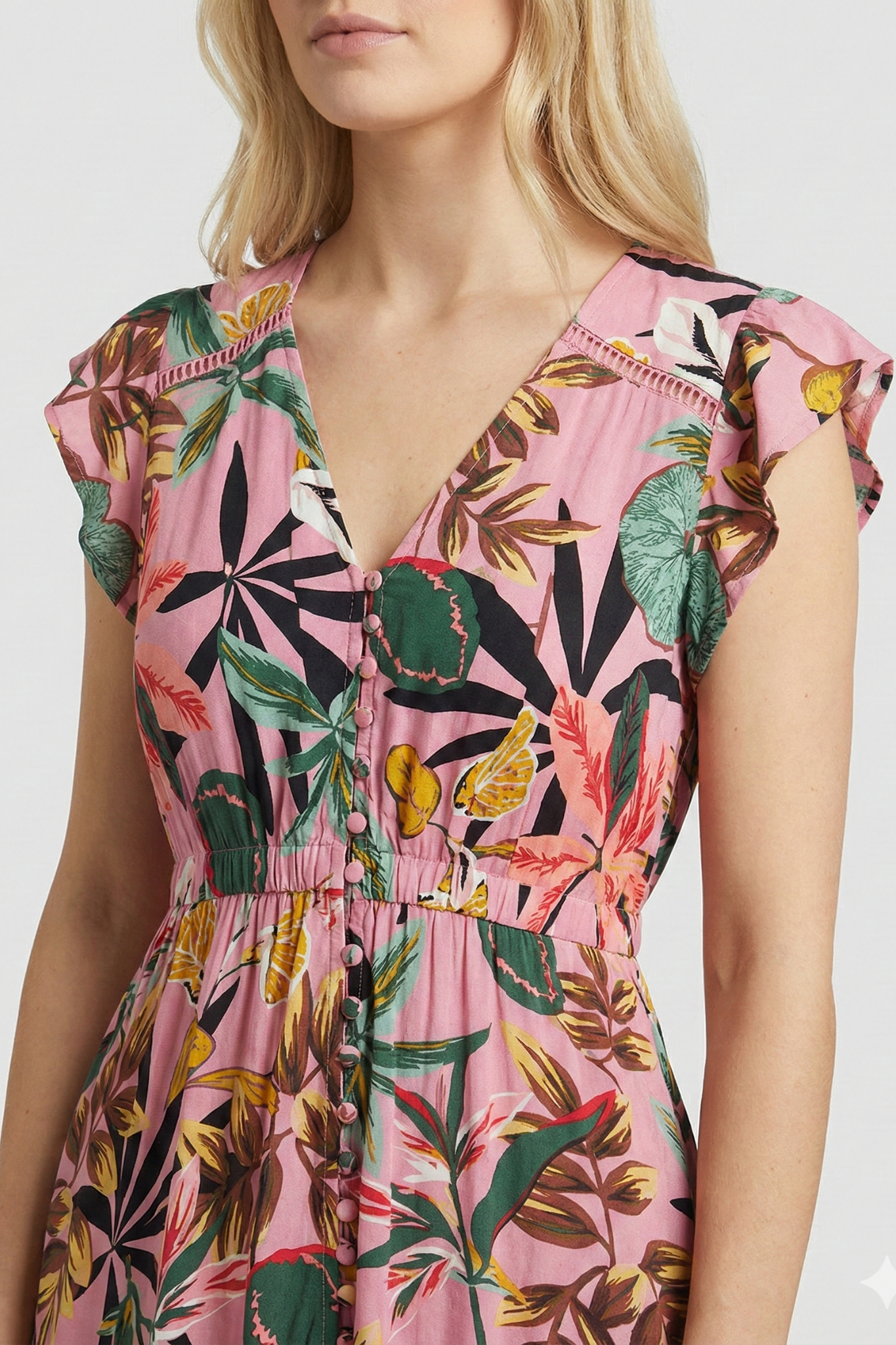 Pink Tropical Print Angel Sleeve Maxi Dress