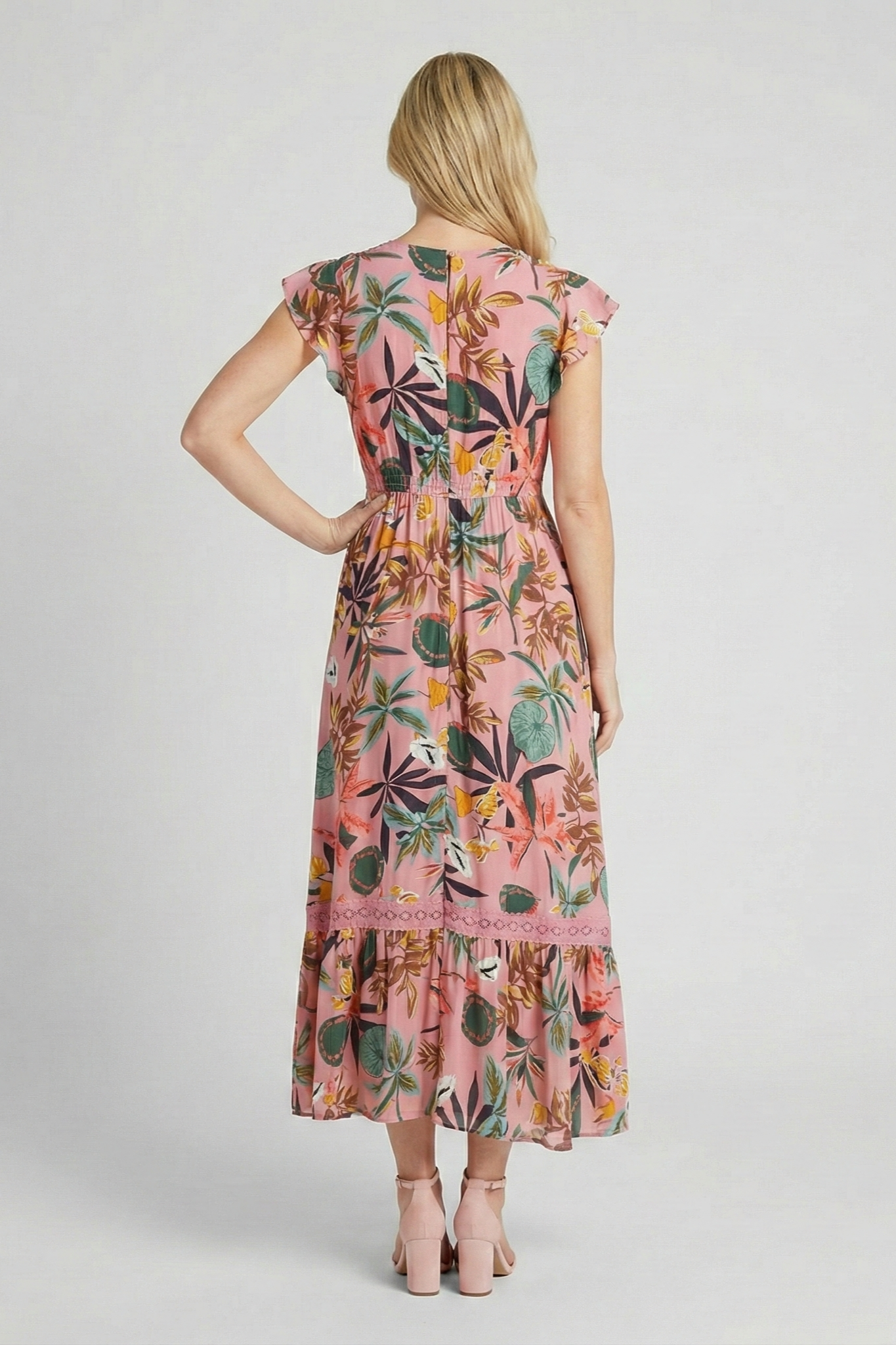 Pink Tropical Print Angel Sleeve Maxi Dress