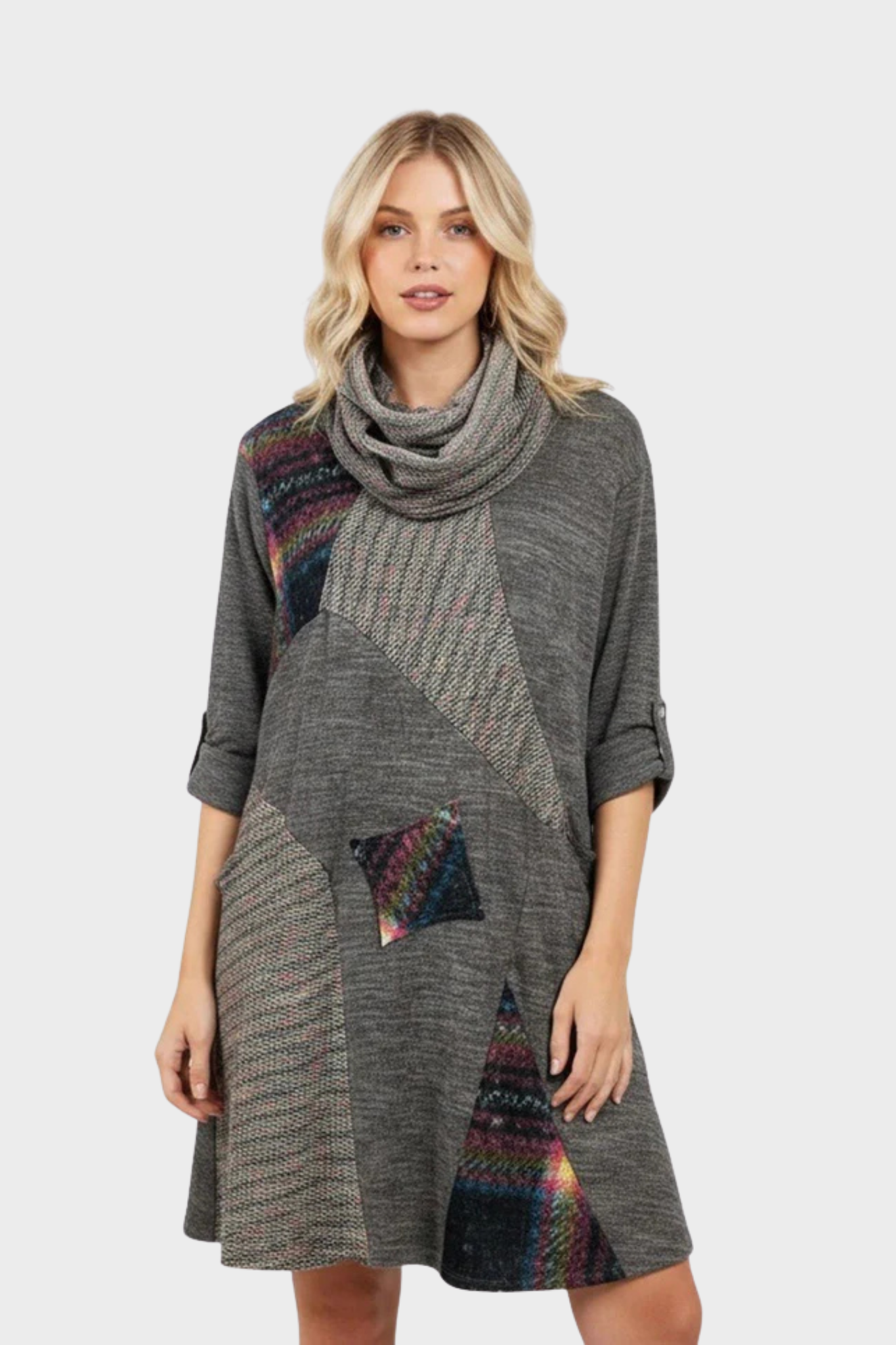 Multi Patch Work Pattern Front Pocket Tunic