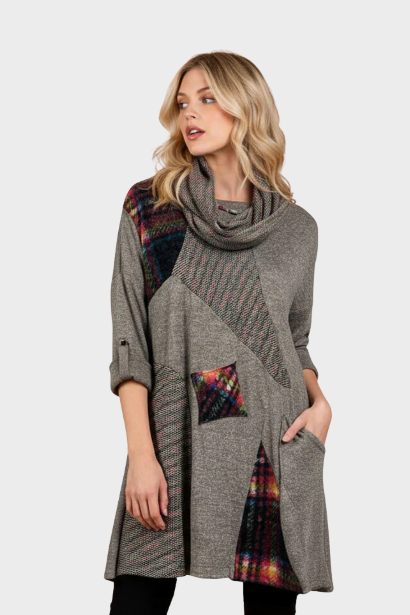 Multi Patch Work Pattern Front Pocket Tunic