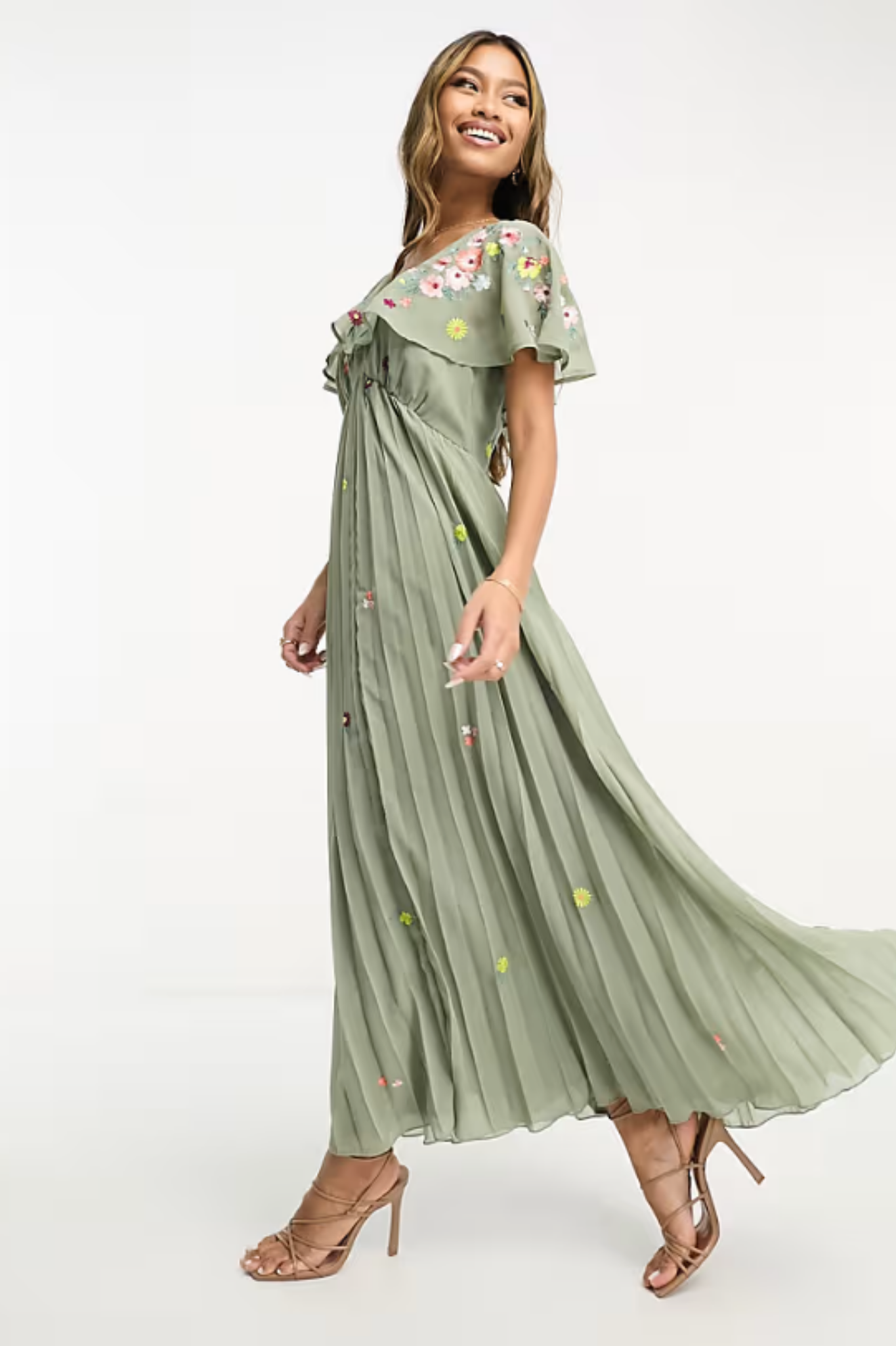Sage Angel Sleeve Dress with Floral Embroidery