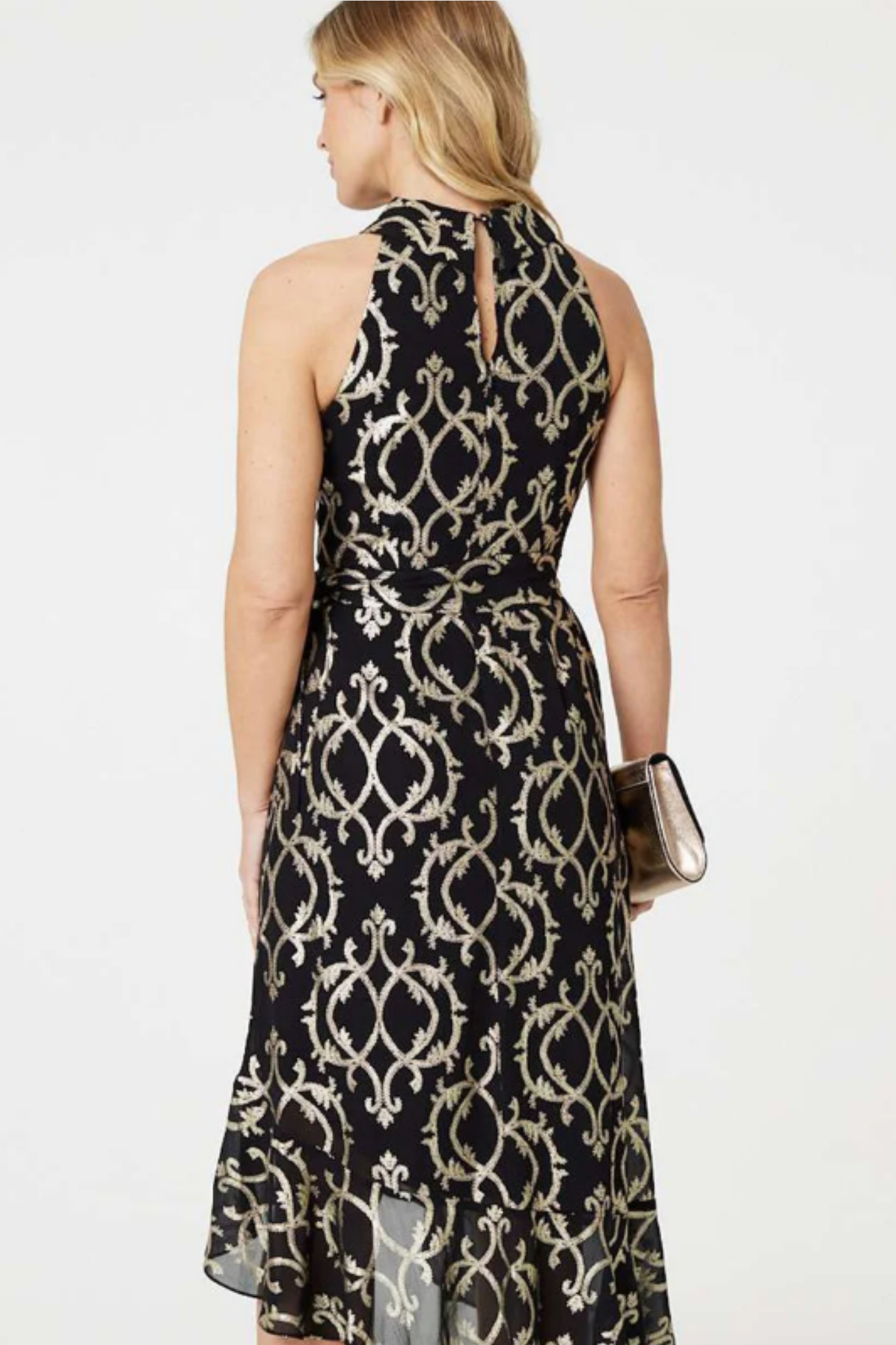 Metallic Foil Halter Neck Dress