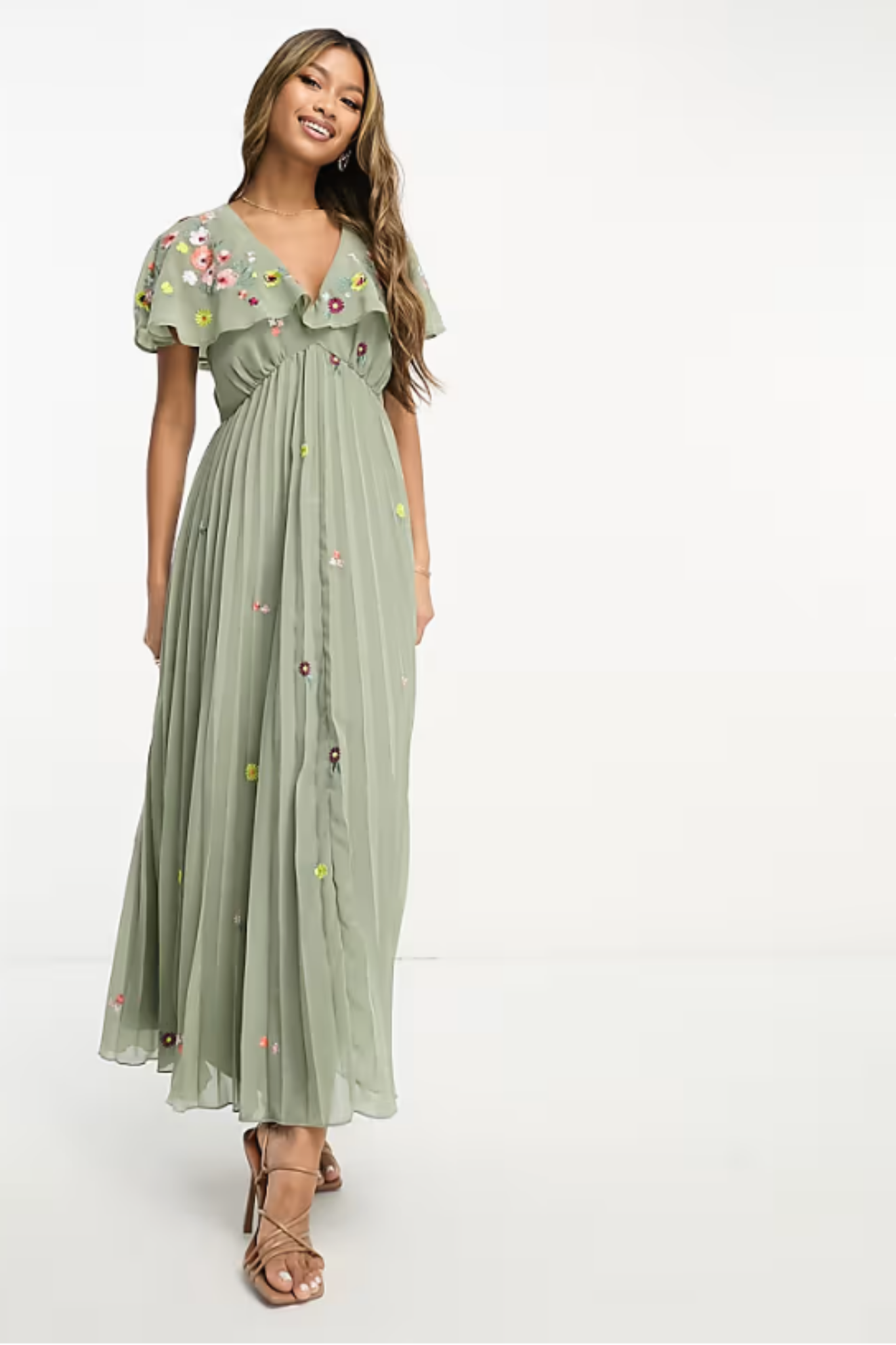 Sage Angel Sleeve Dress with Floral Embroidery