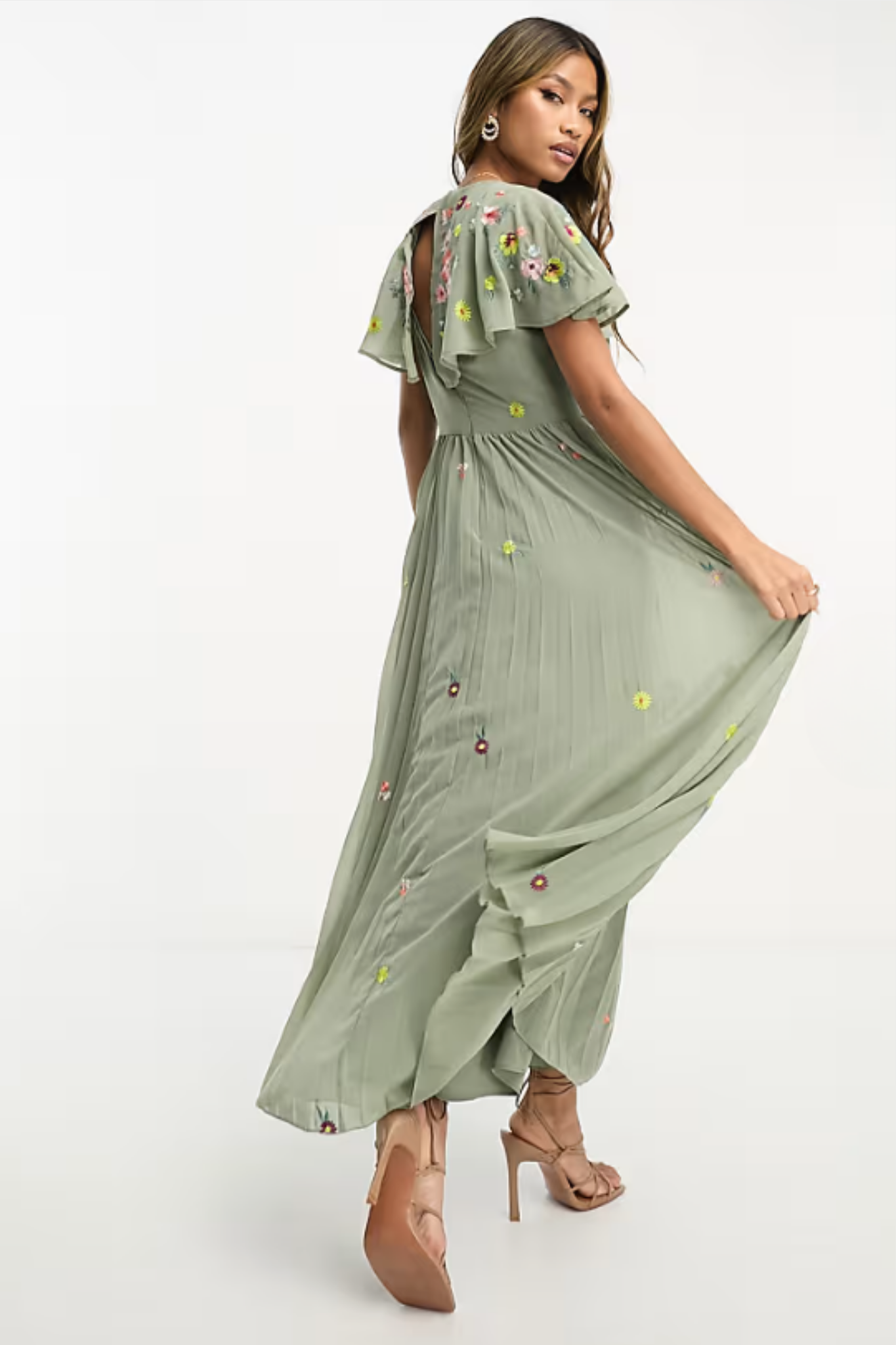 Sage Angel Sleeve Dress with Floral Embroidery
