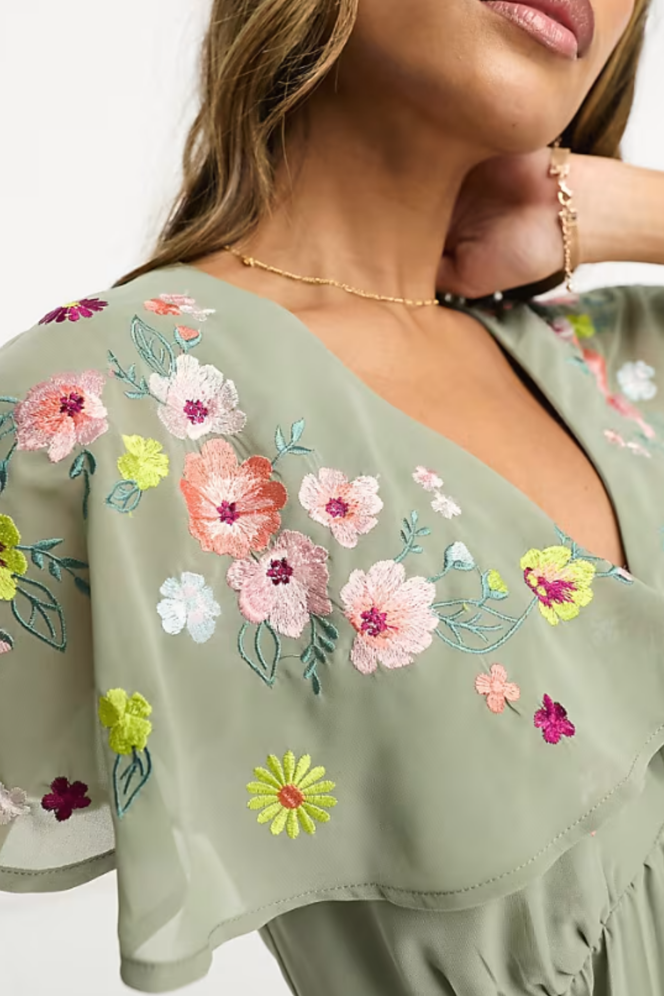 Sage Angel Sleeve Dress with Floral Embroidery