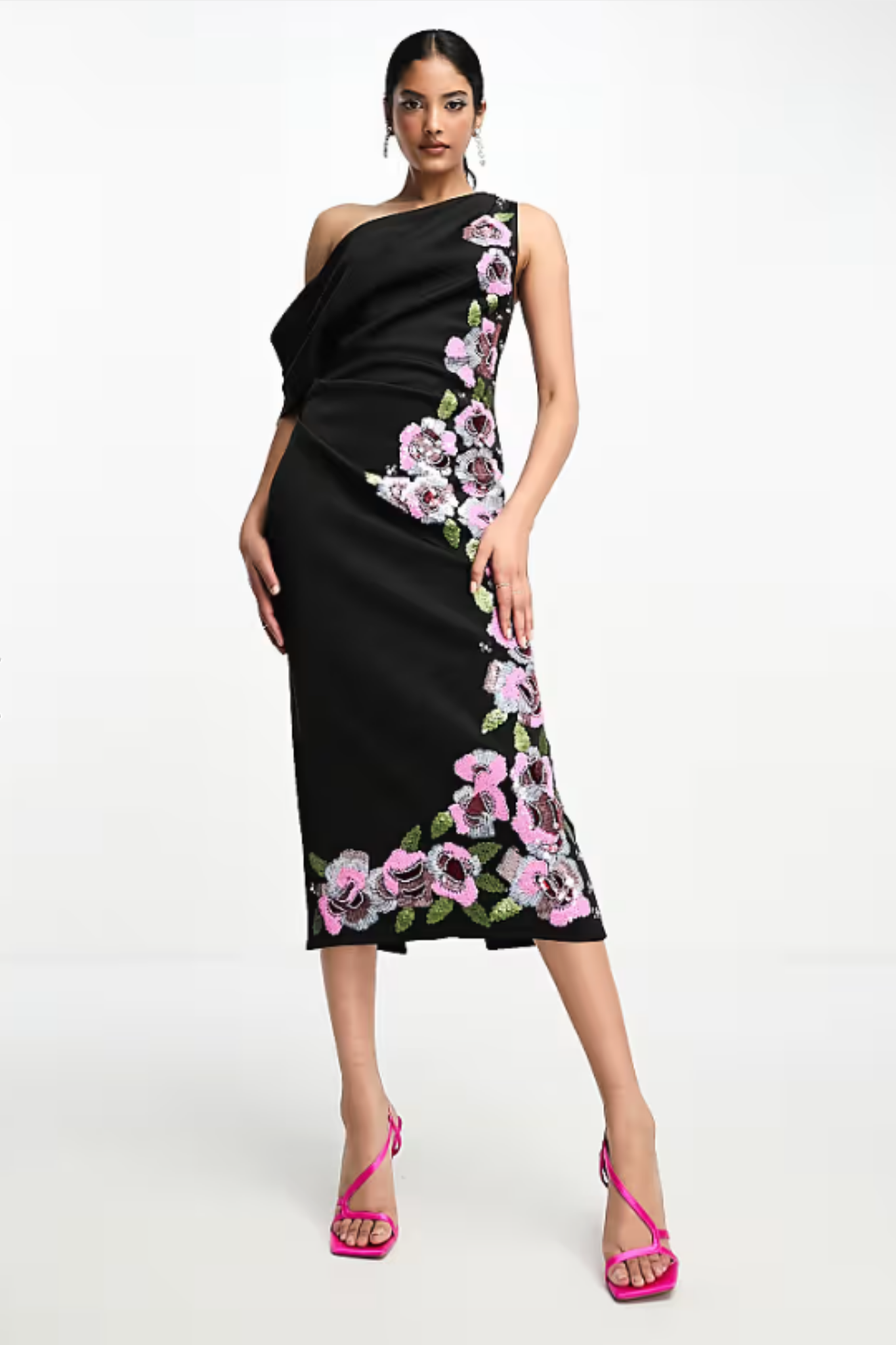 One Shoulder Draped Dress with Pink Sequin Embellishment