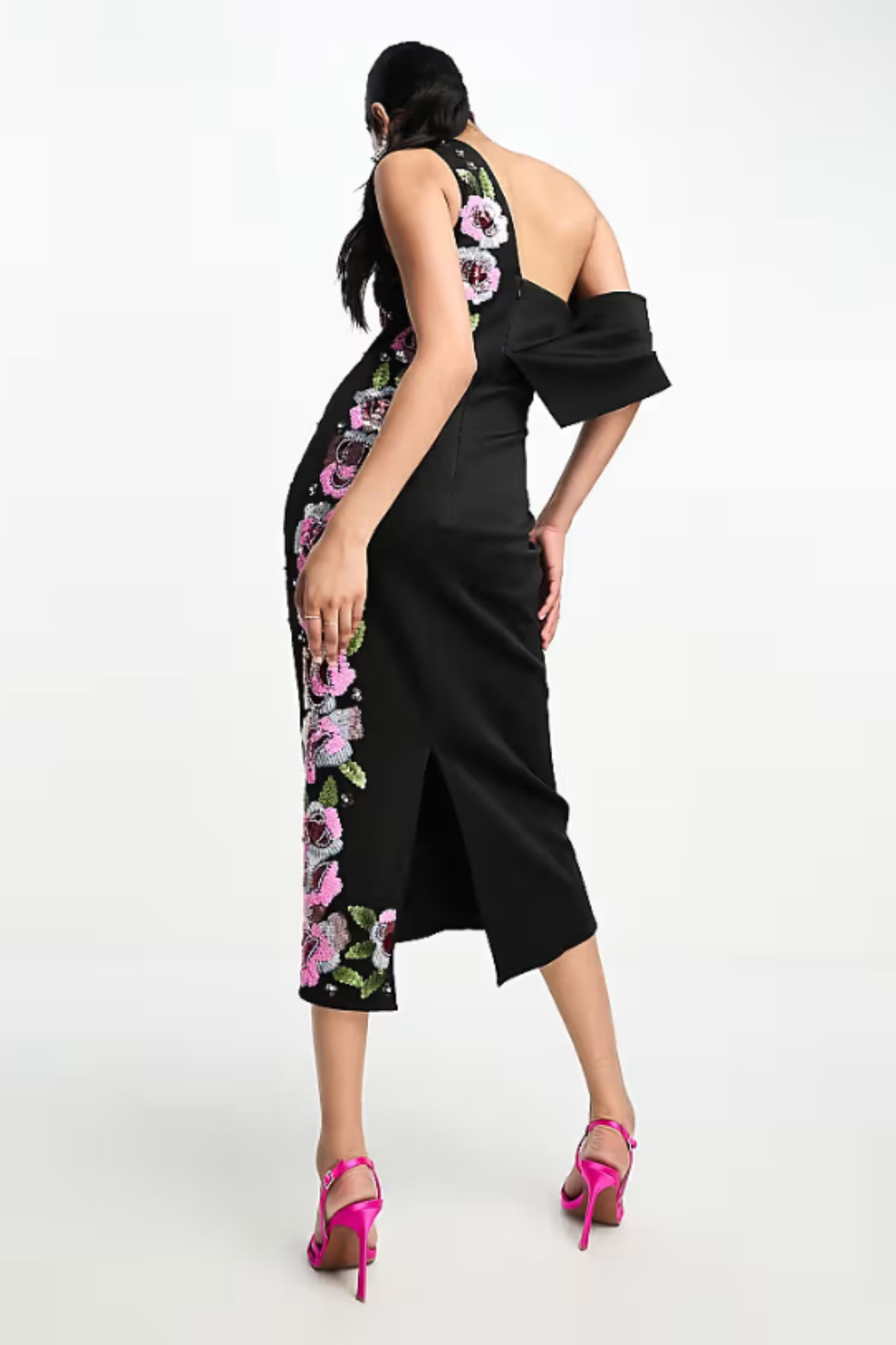 One Shoulder Draped Dress with Pink Sequin Embellishment