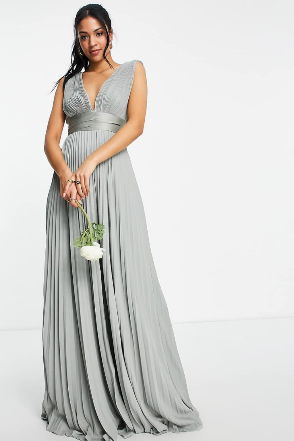 Bridesmaid Pleated Maxi Dress with Satin Wrap Waist