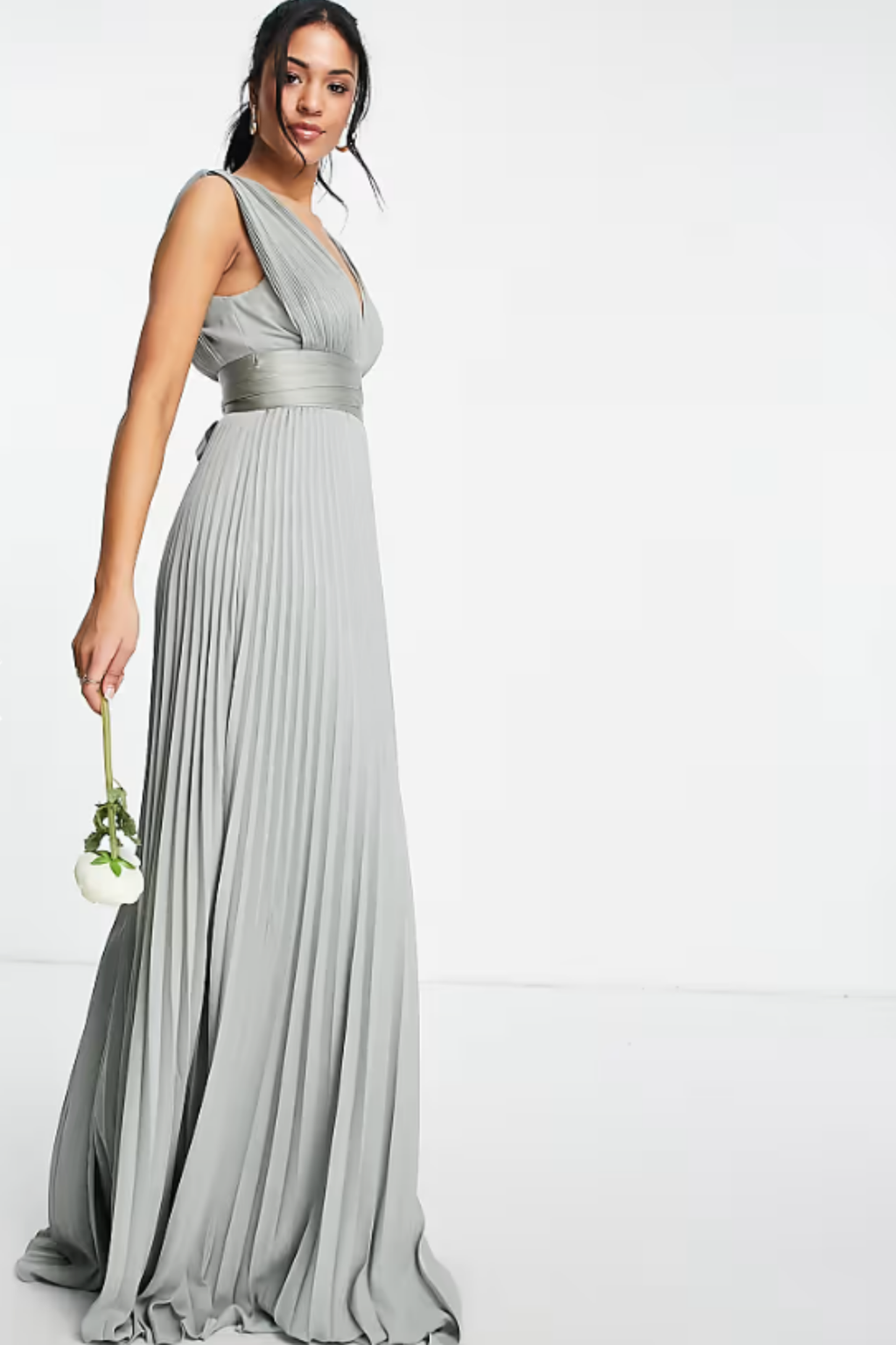 Bridesmaid Pleated Maxi Dress with Satin Wrap Waist