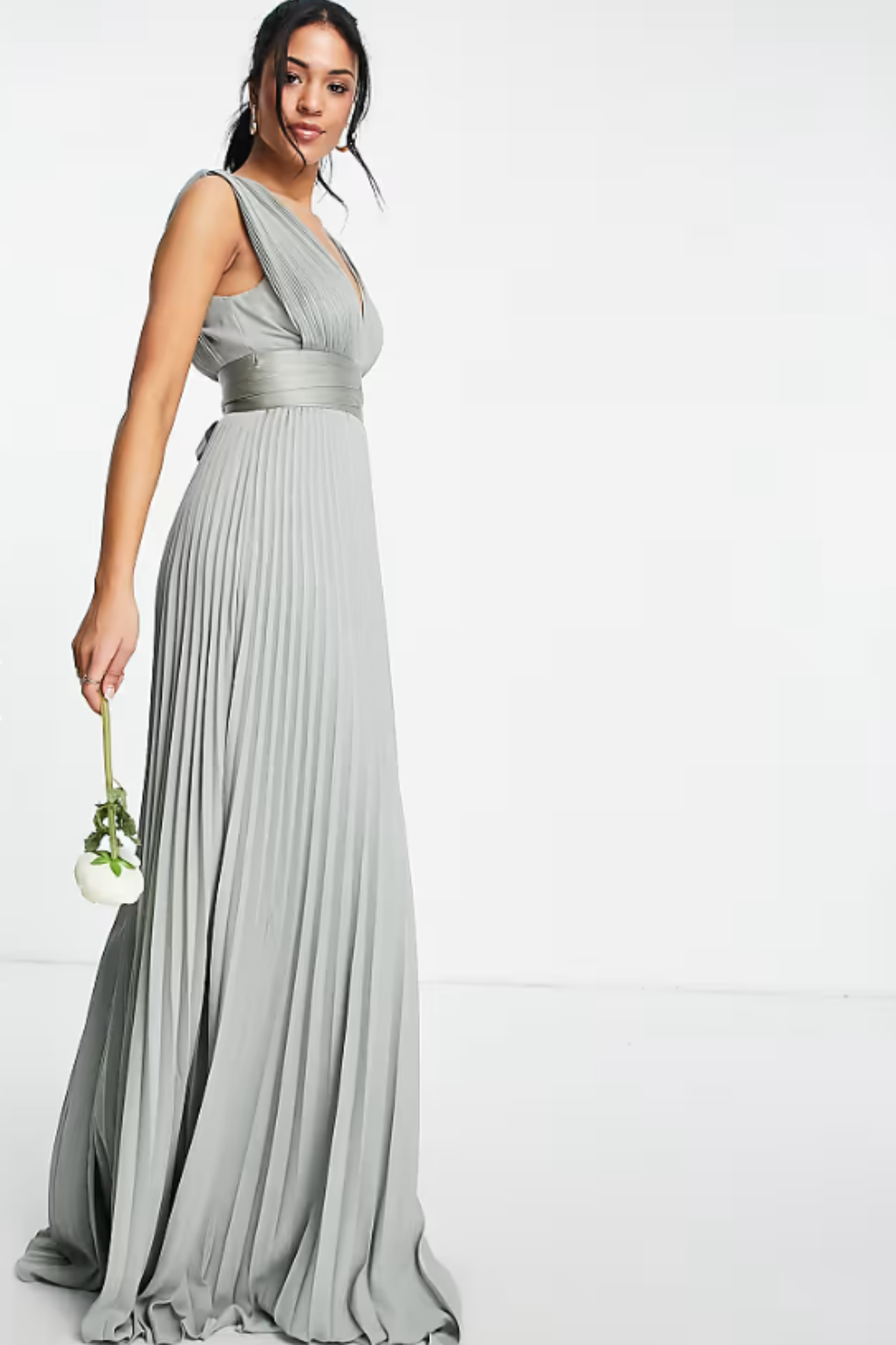 Bridesmaid Pleated Maxi Dress with Satin Wrap Waist