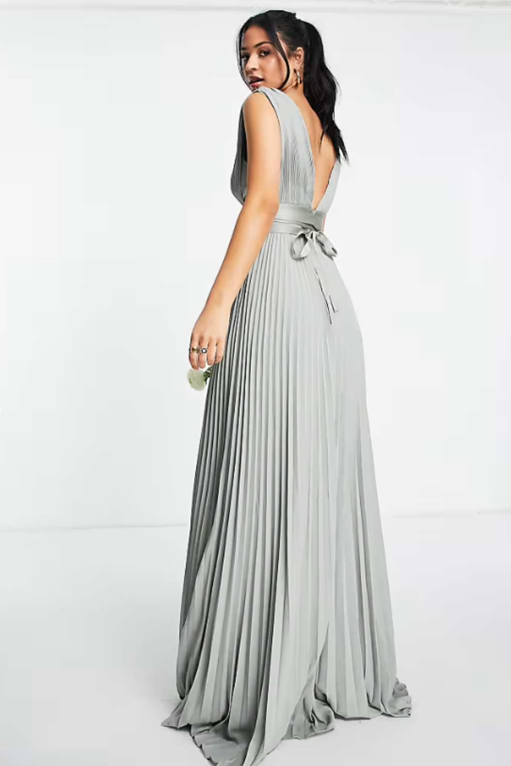 Bridesmaid Pleated Maxi Dress with Satin Wrap Waist