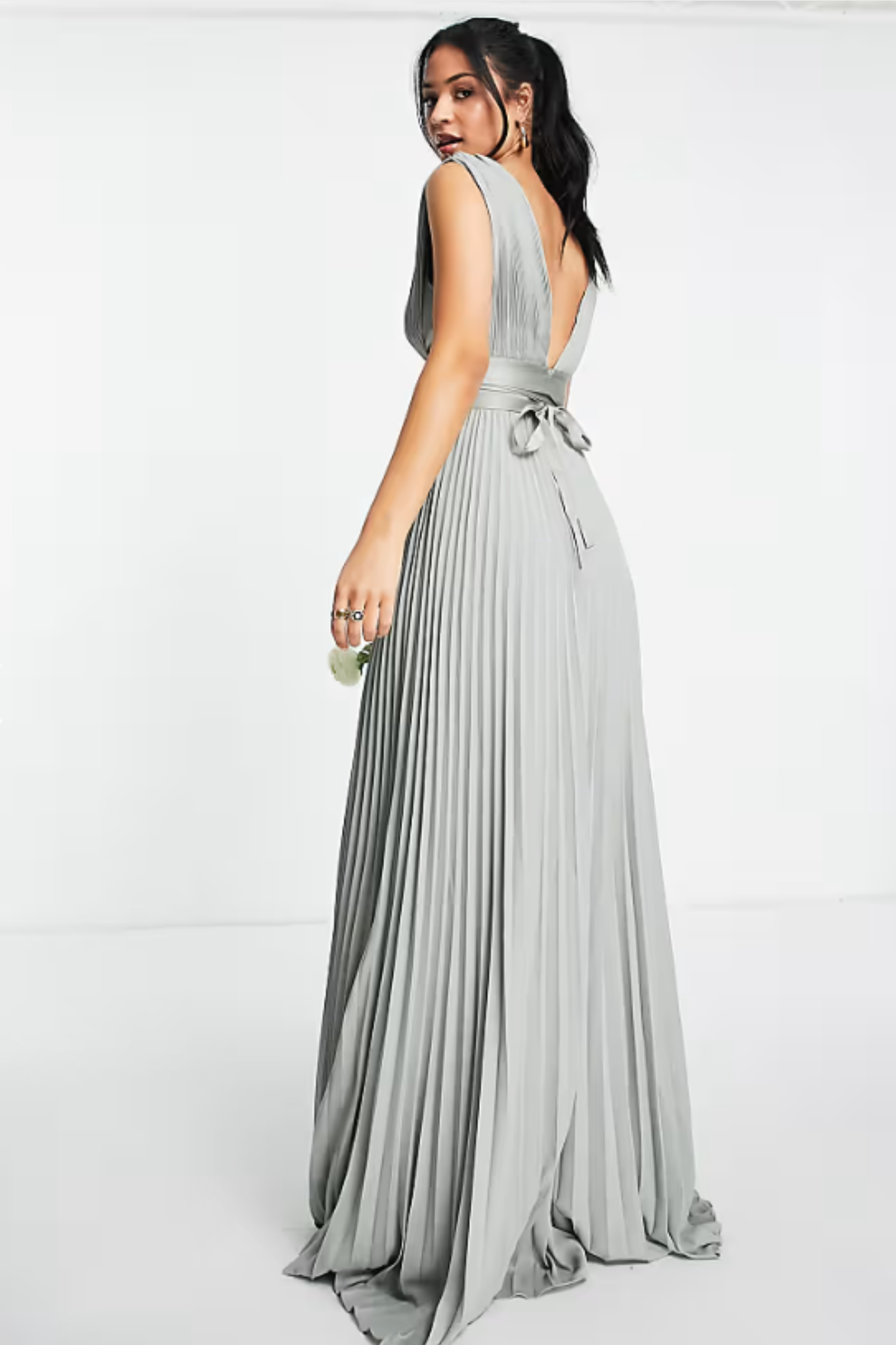 Bridesmaid Pleated Maxi Dress with Satin Wrap Waist