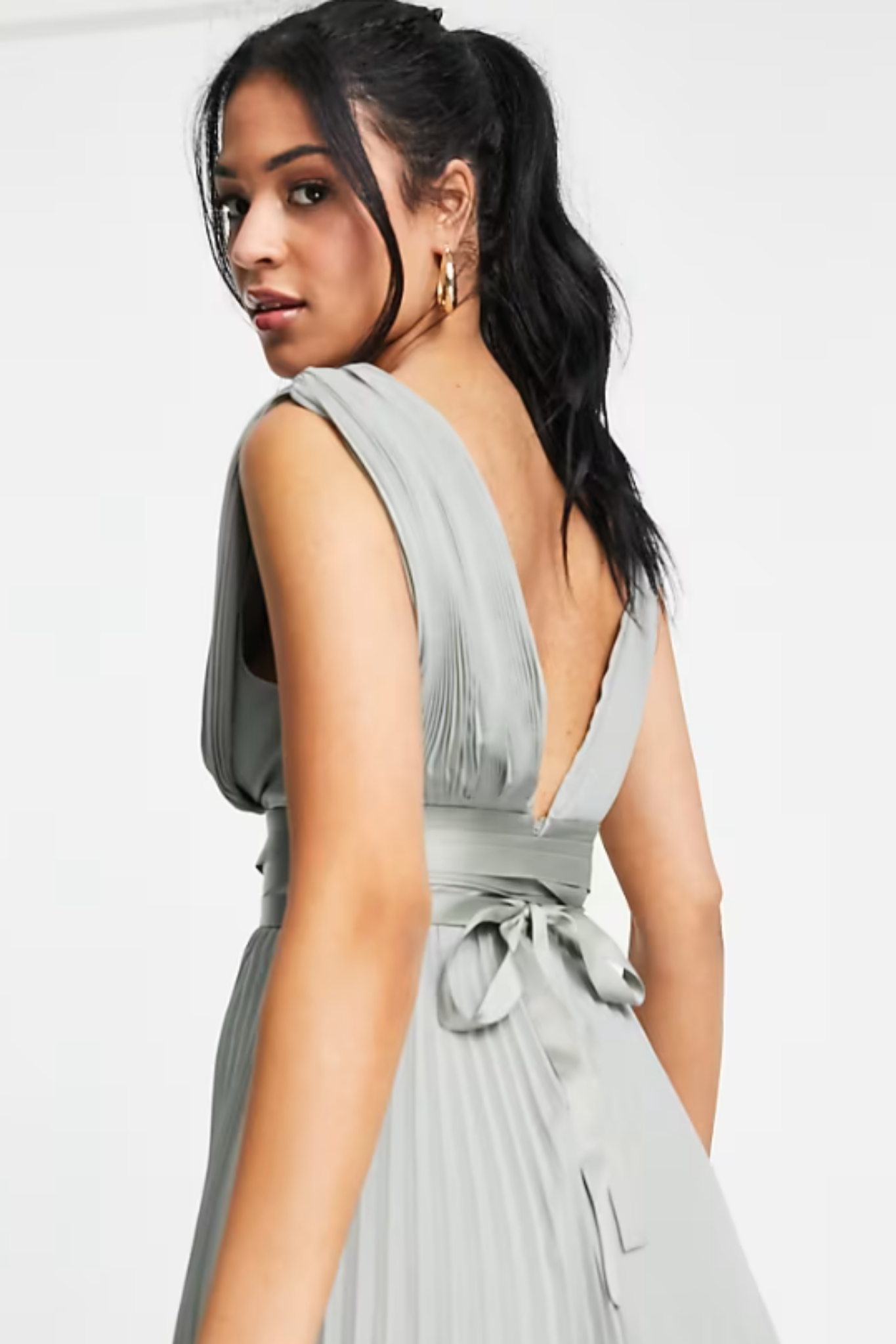 Bridesmaid Pleated Maxi Dress with Satin Wrap Waist