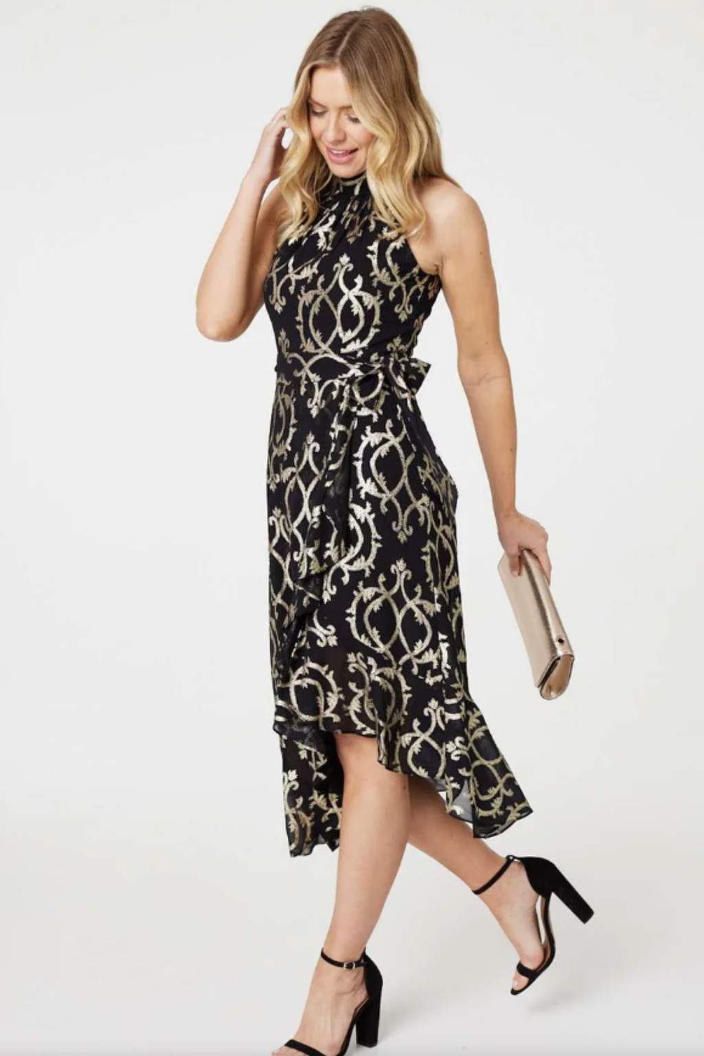 Metallic Foil Halter Neck Dress