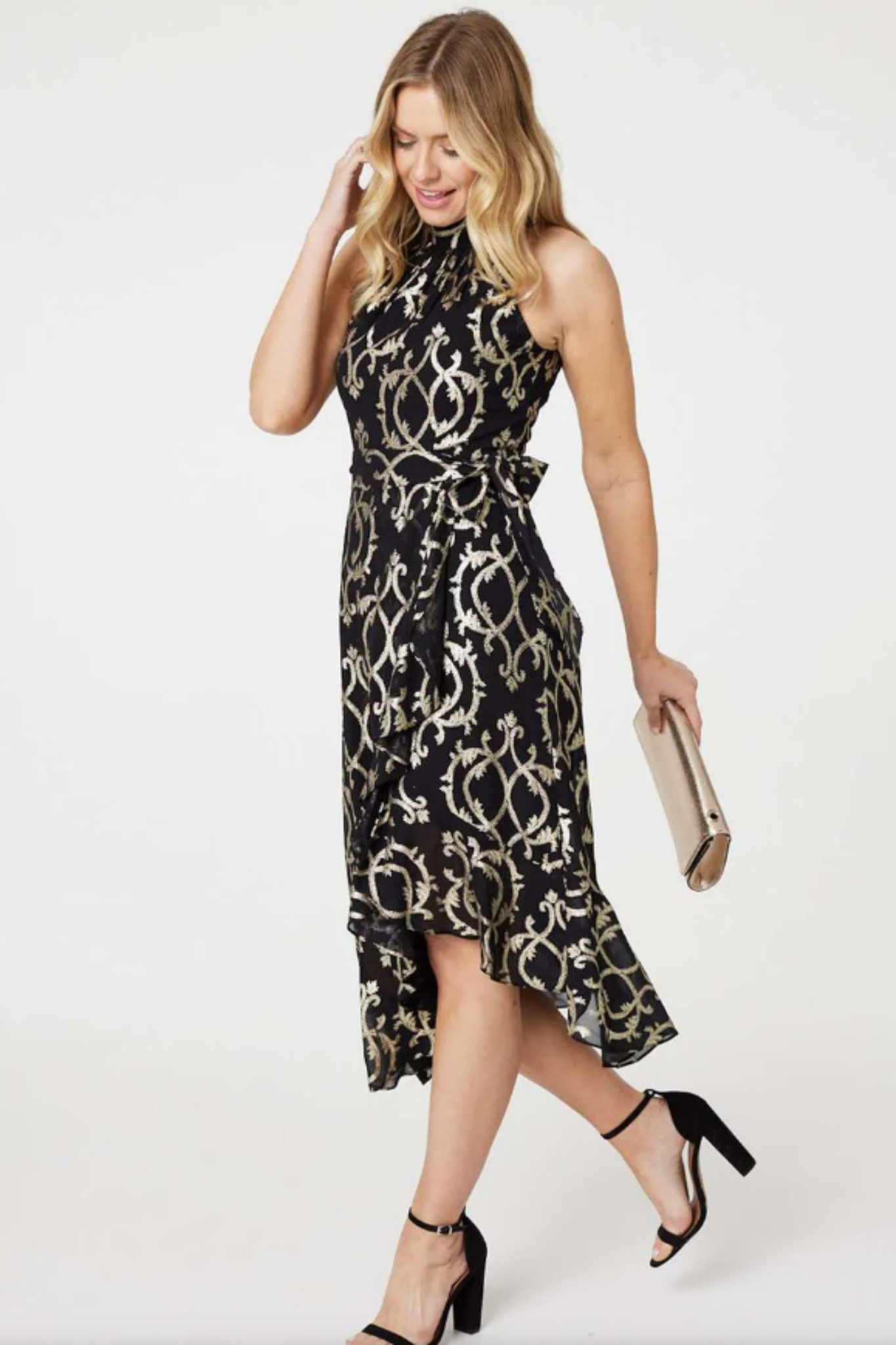 Metallic Foil Halter Neck Dress