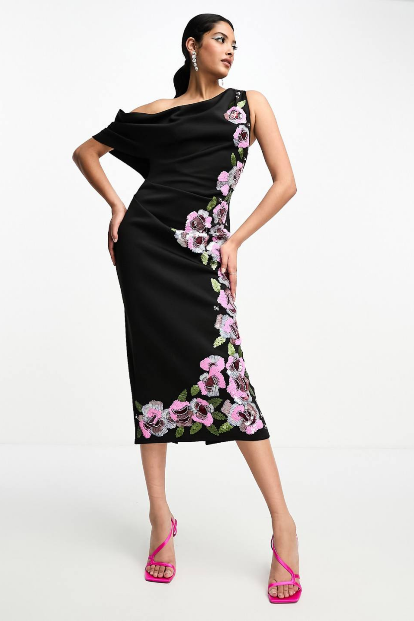 One Shoulder Draped Dress with Pink Sequin Embellishment