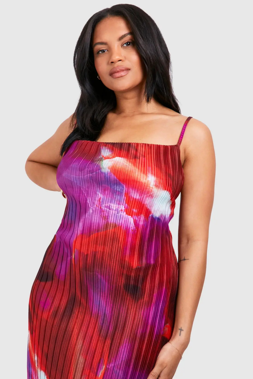 Abstract Print Cowl Neck Plisse Maxi Dress