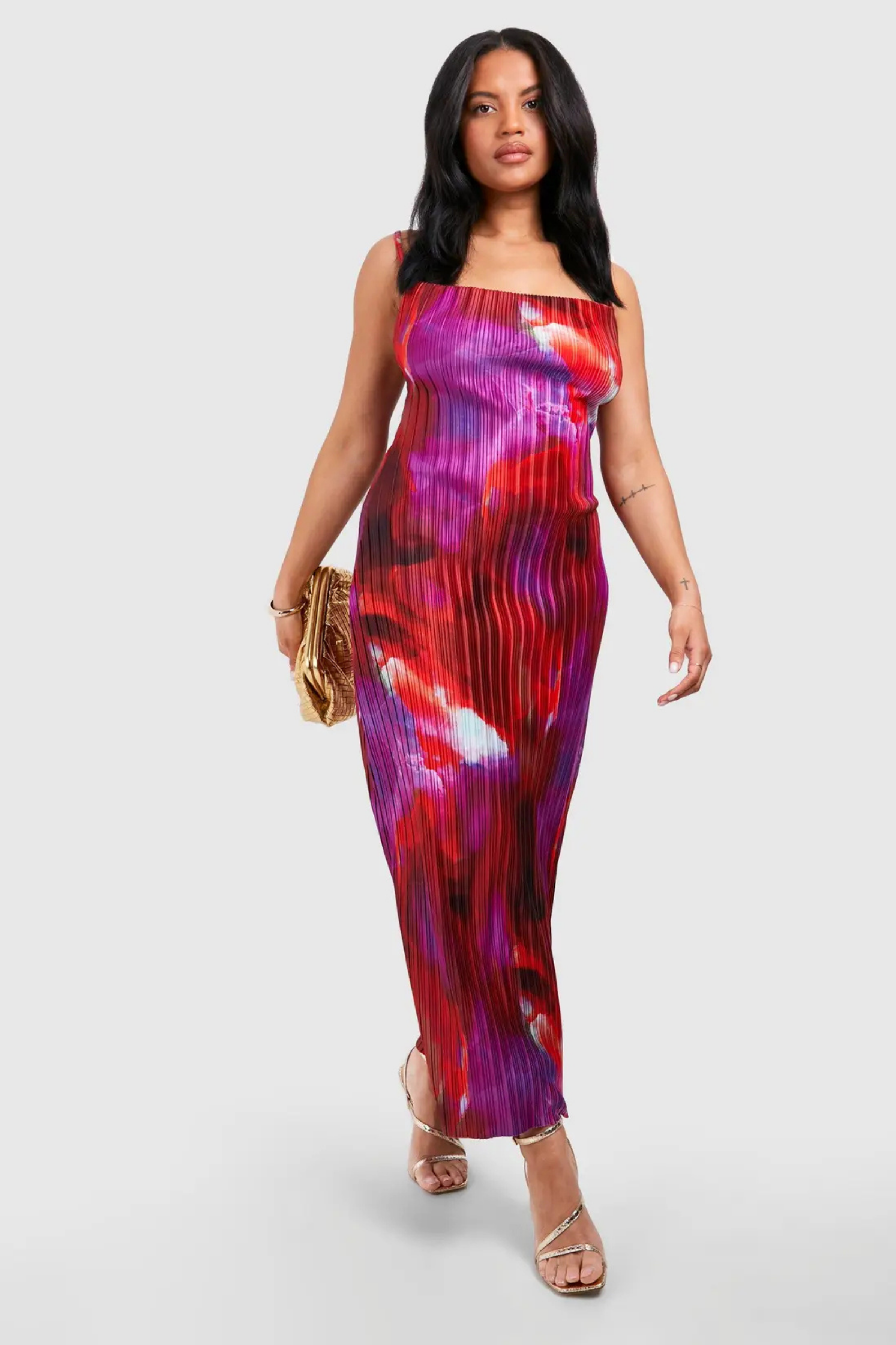 Abstract Print Cowl Neck Plisse Maxi Dress