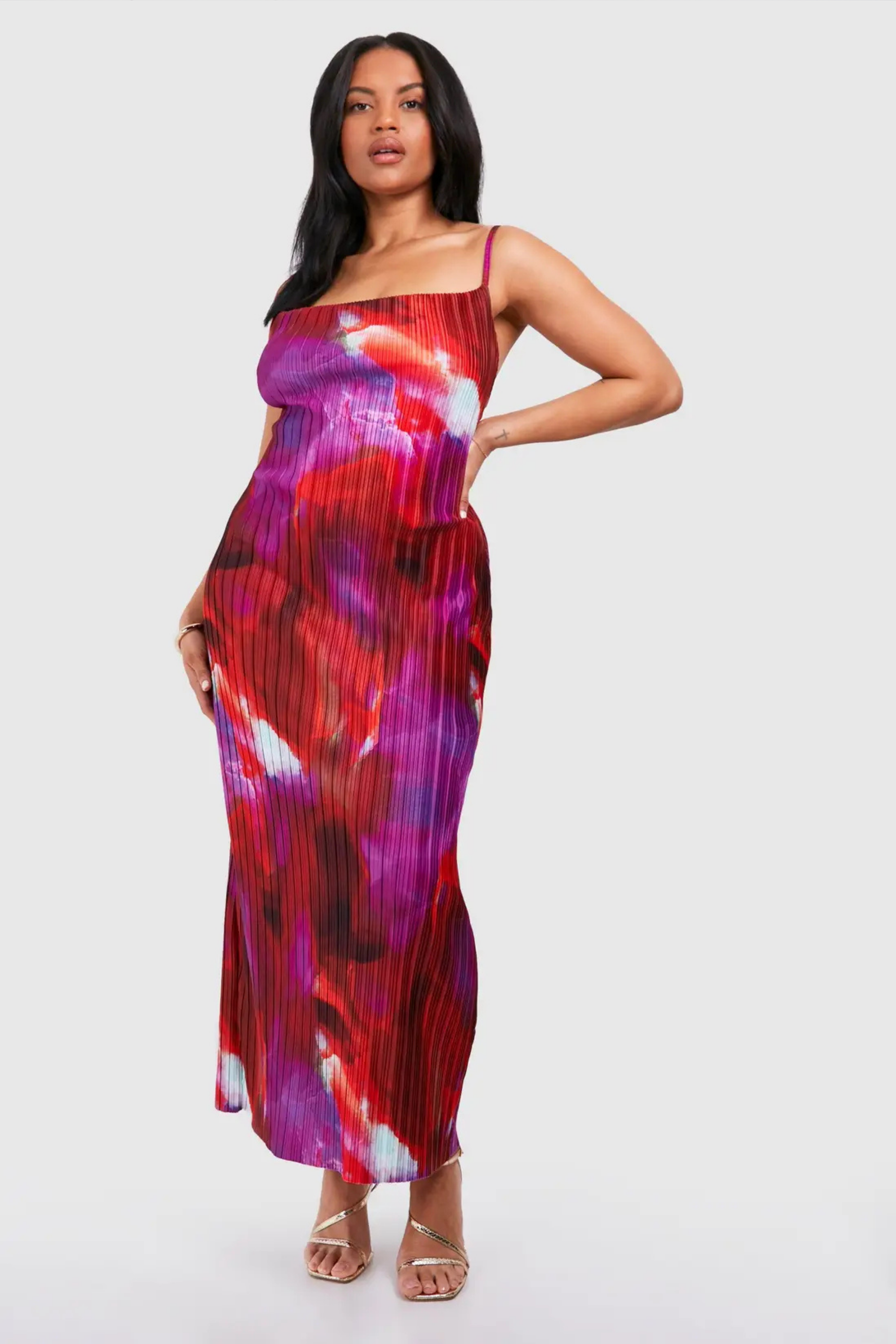 Abstract Print Cowl Neck Plisse Maxi Dress