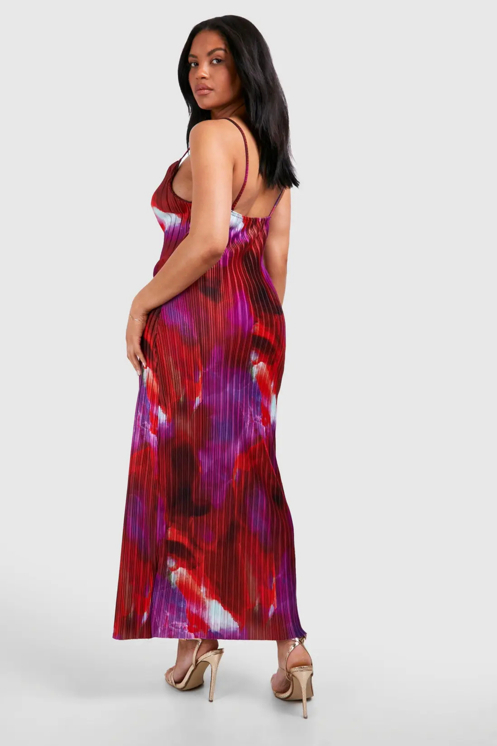 Abstract Print Cowl Neck Plisse Maxi Dress