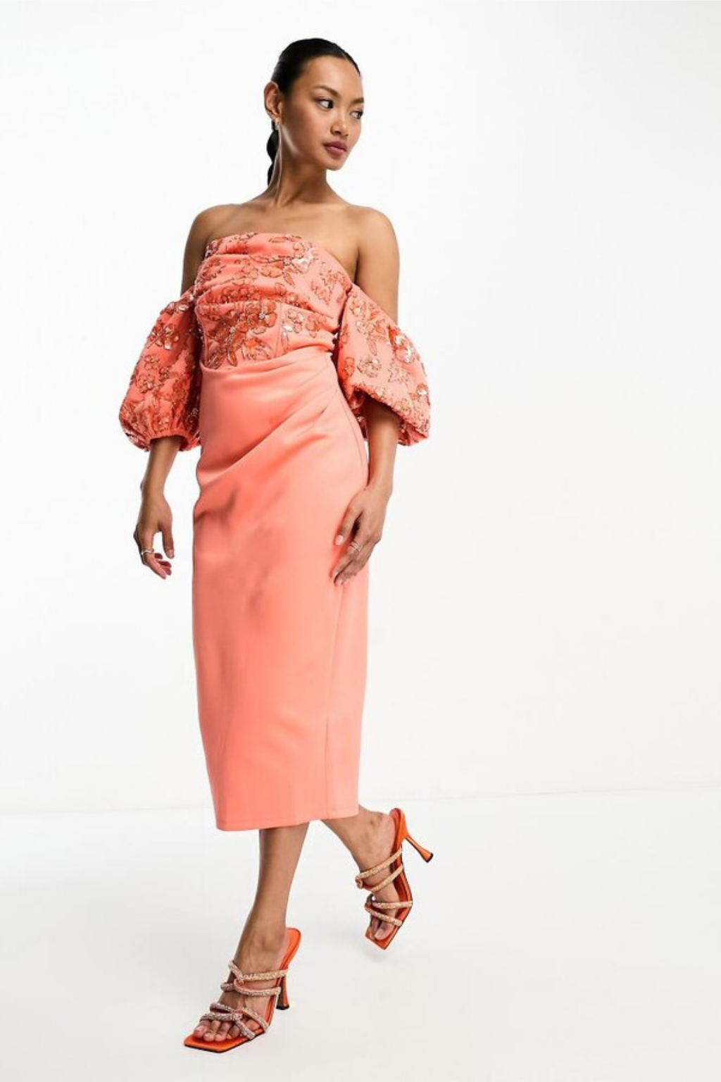 Coral Sheath Embellished Bardot Sleeve Dress