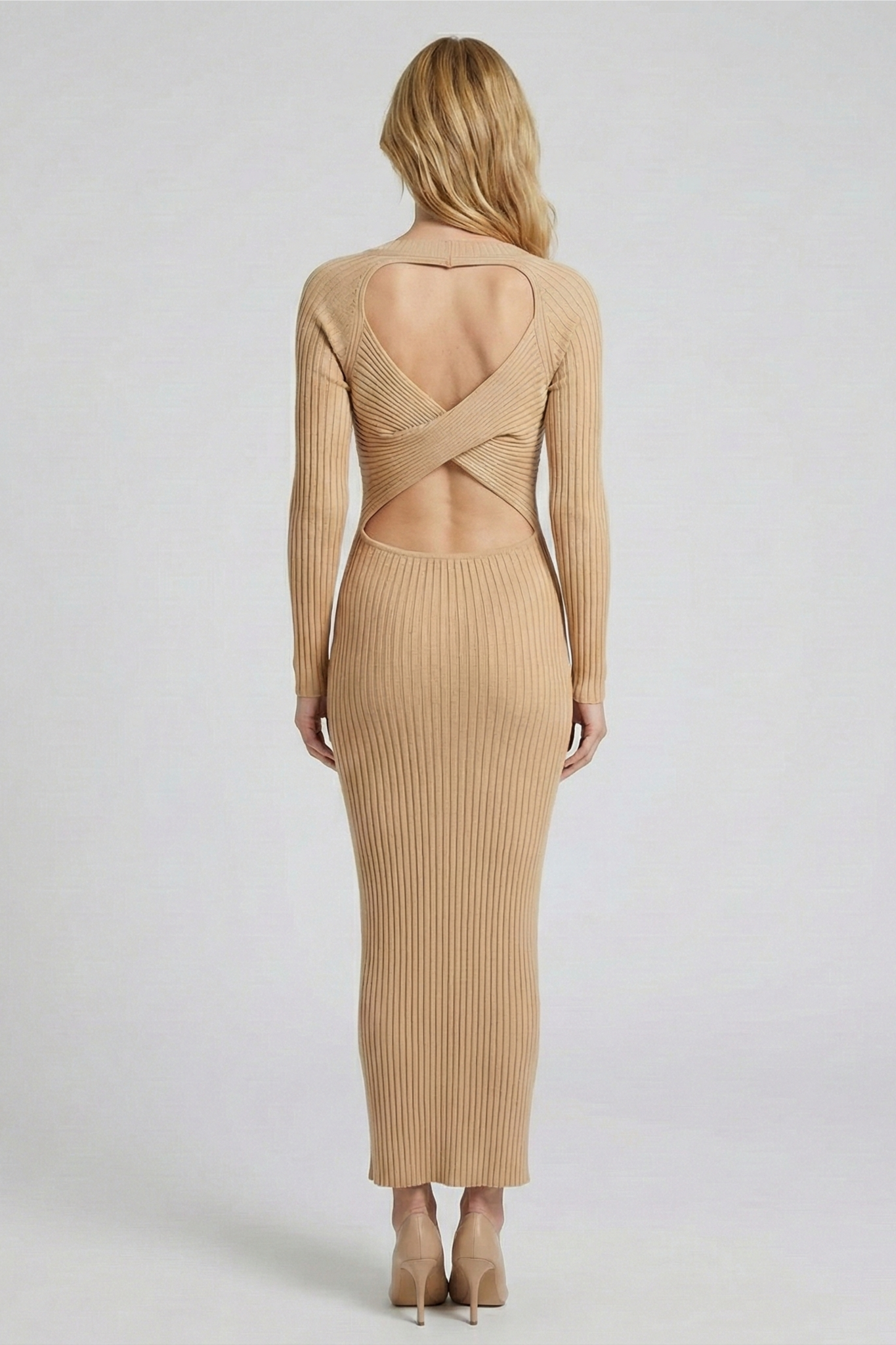 Beige Heart Open Back Knit Dress