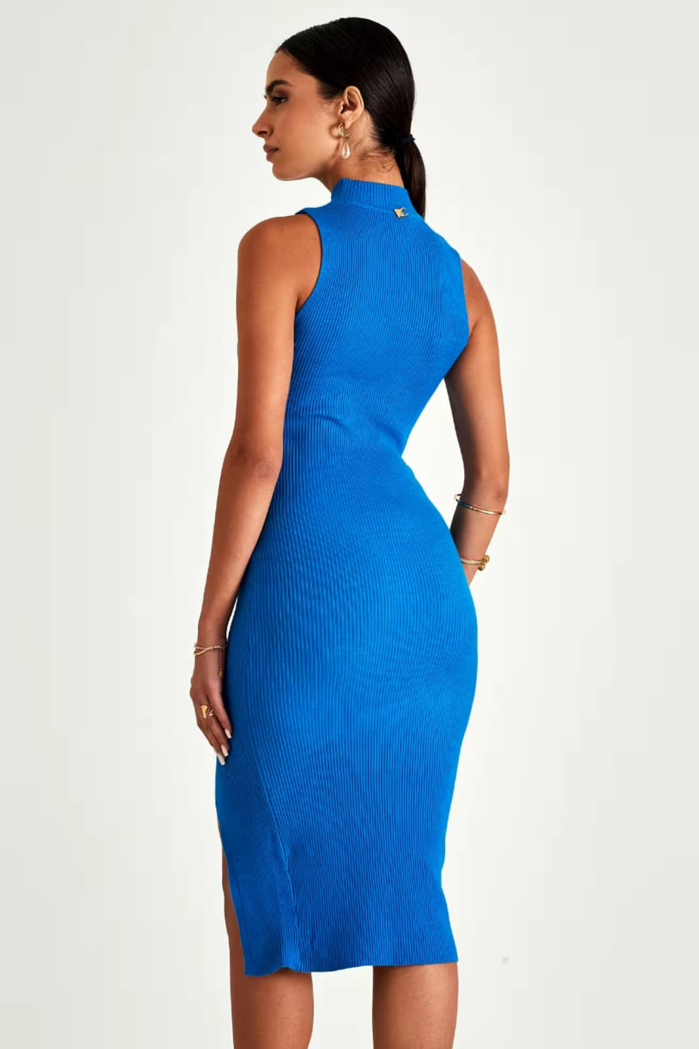 Blue Rib Knit Dress with slit