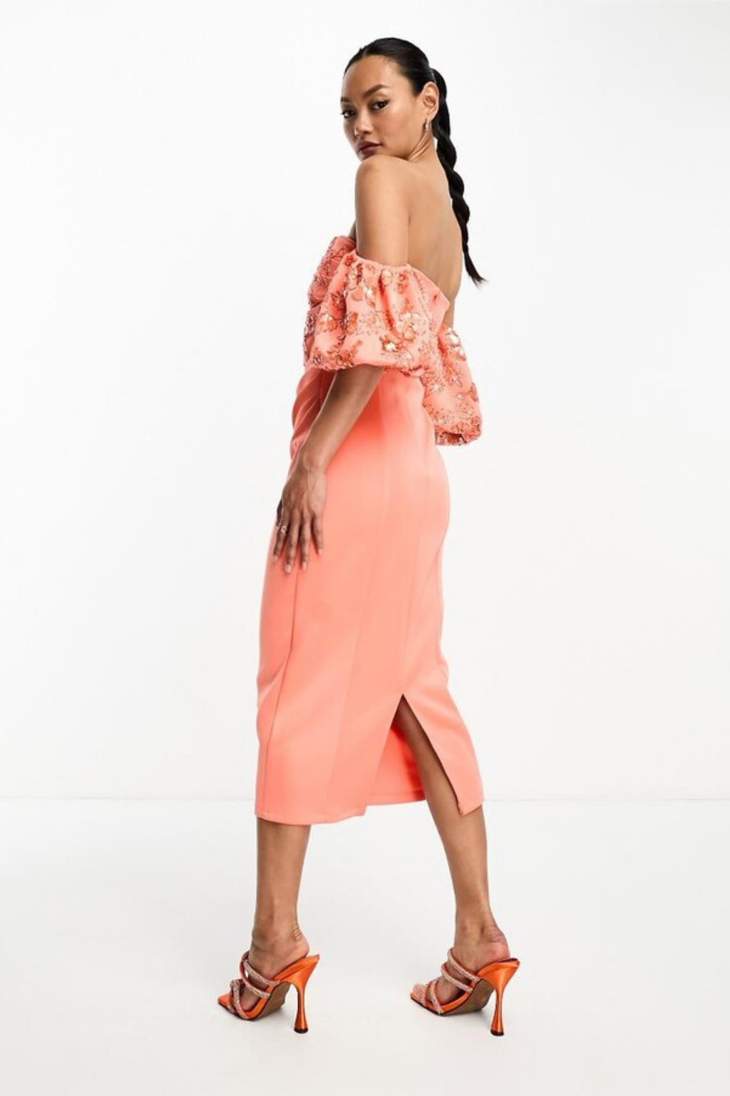 Coral Sheath Embellished Bardot Sleeve Dress