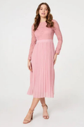 Pink Lace and Pleated Long Sleeve Midi Dress