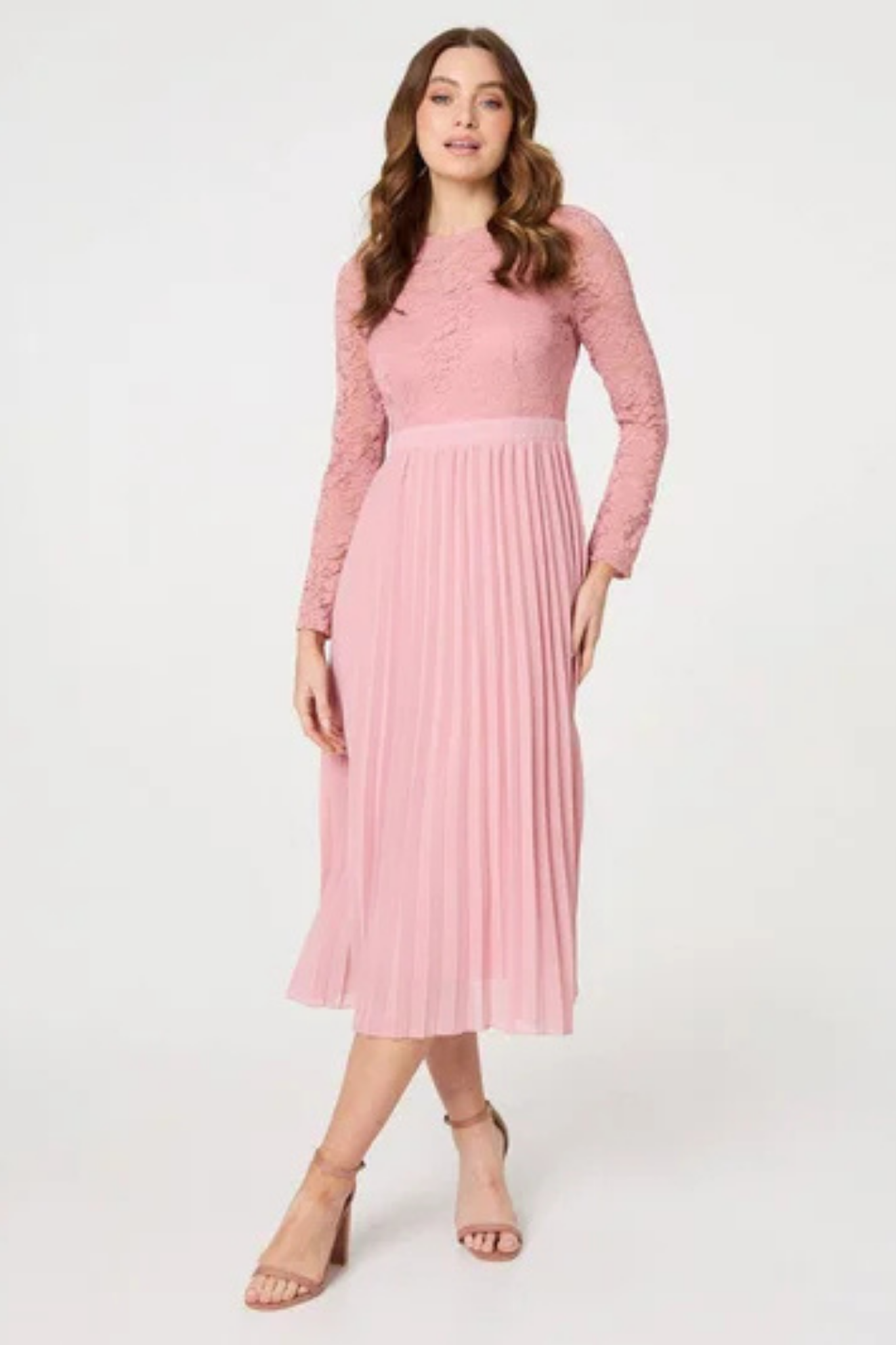 Pink Lace and Pleated Long Sleeve Midi Dress