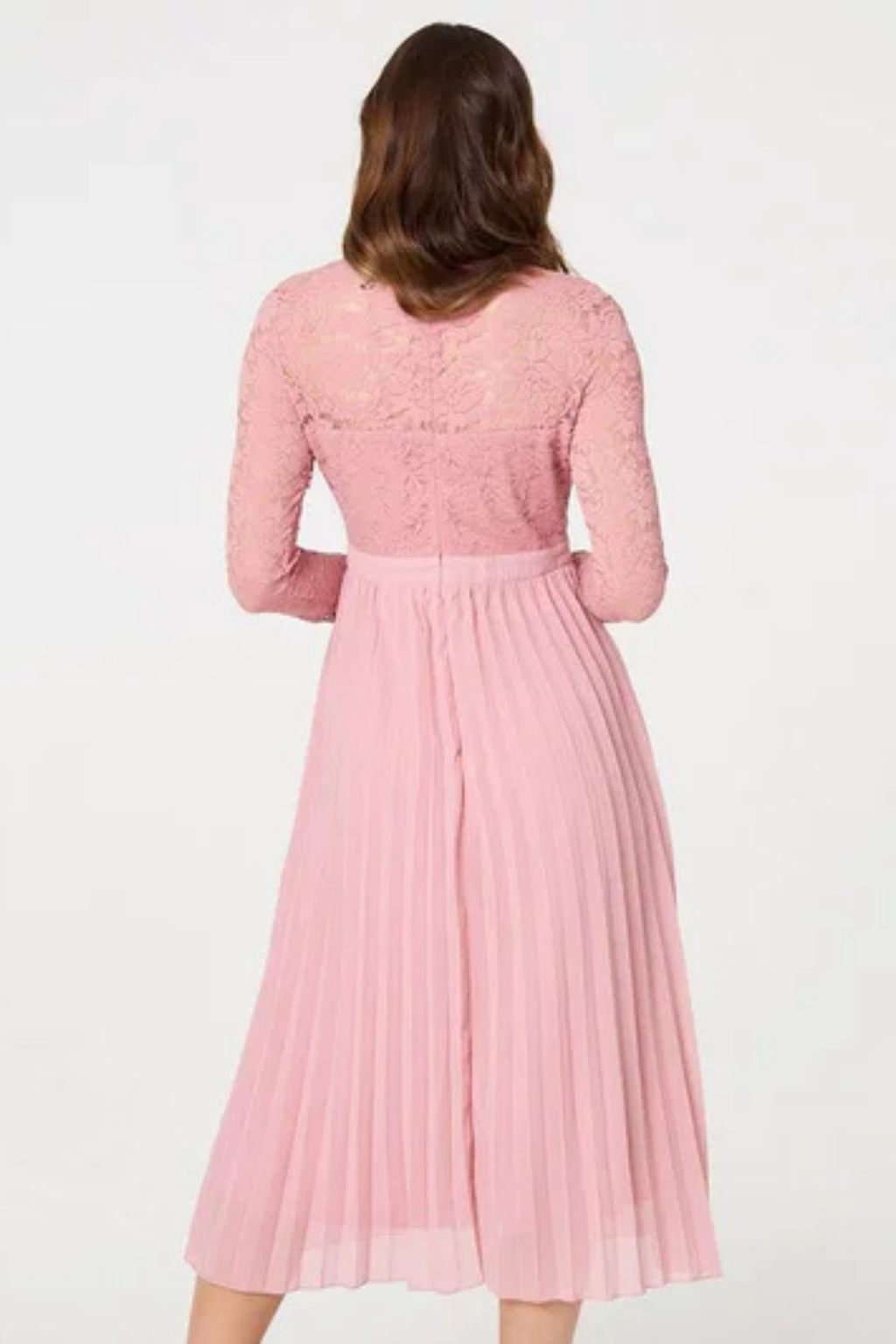 Pink Lace and Pleated Long Sleeve Midi Dress