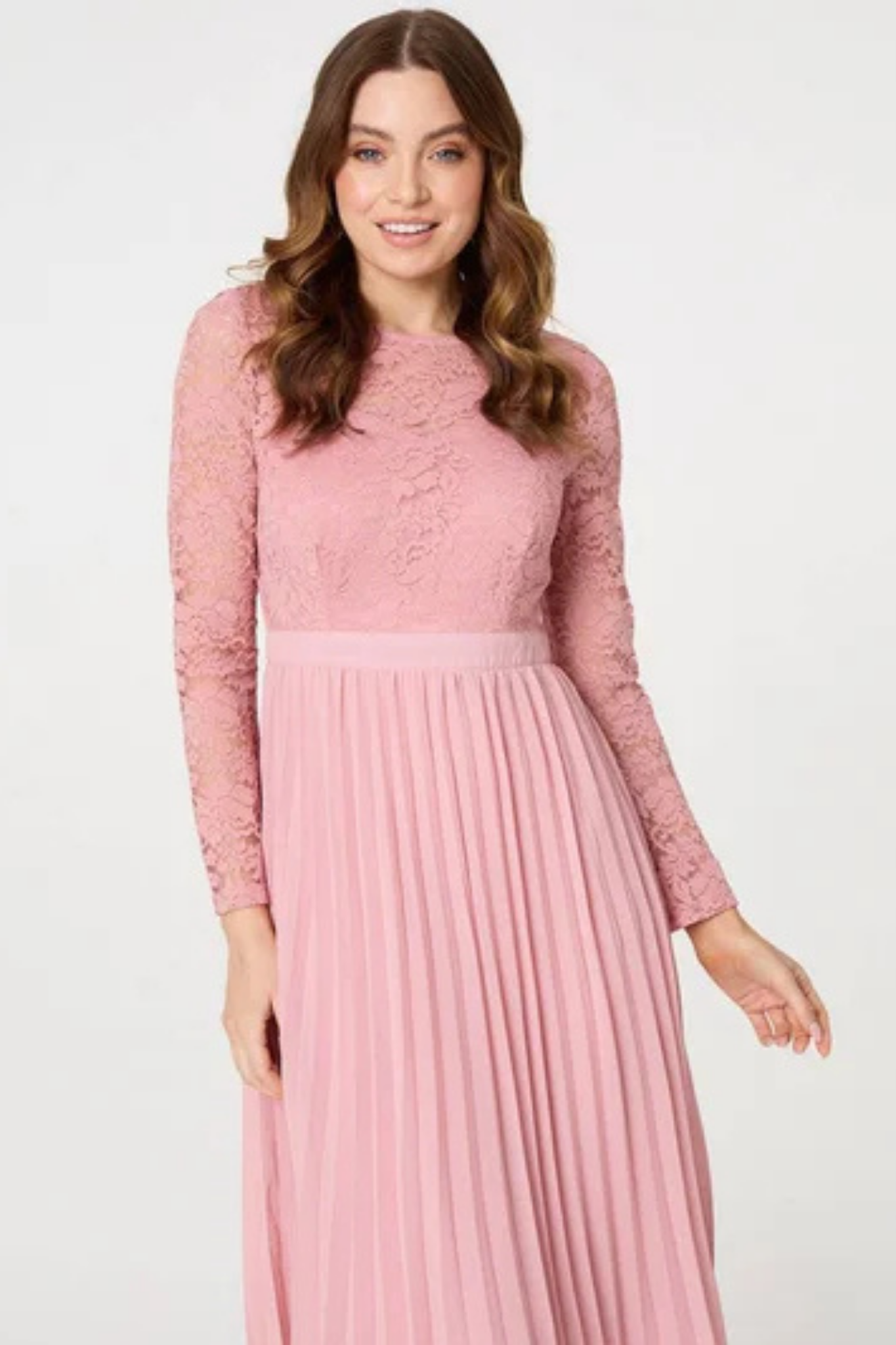 Pink Lace and Pleated Long Sleeve Midi Dress