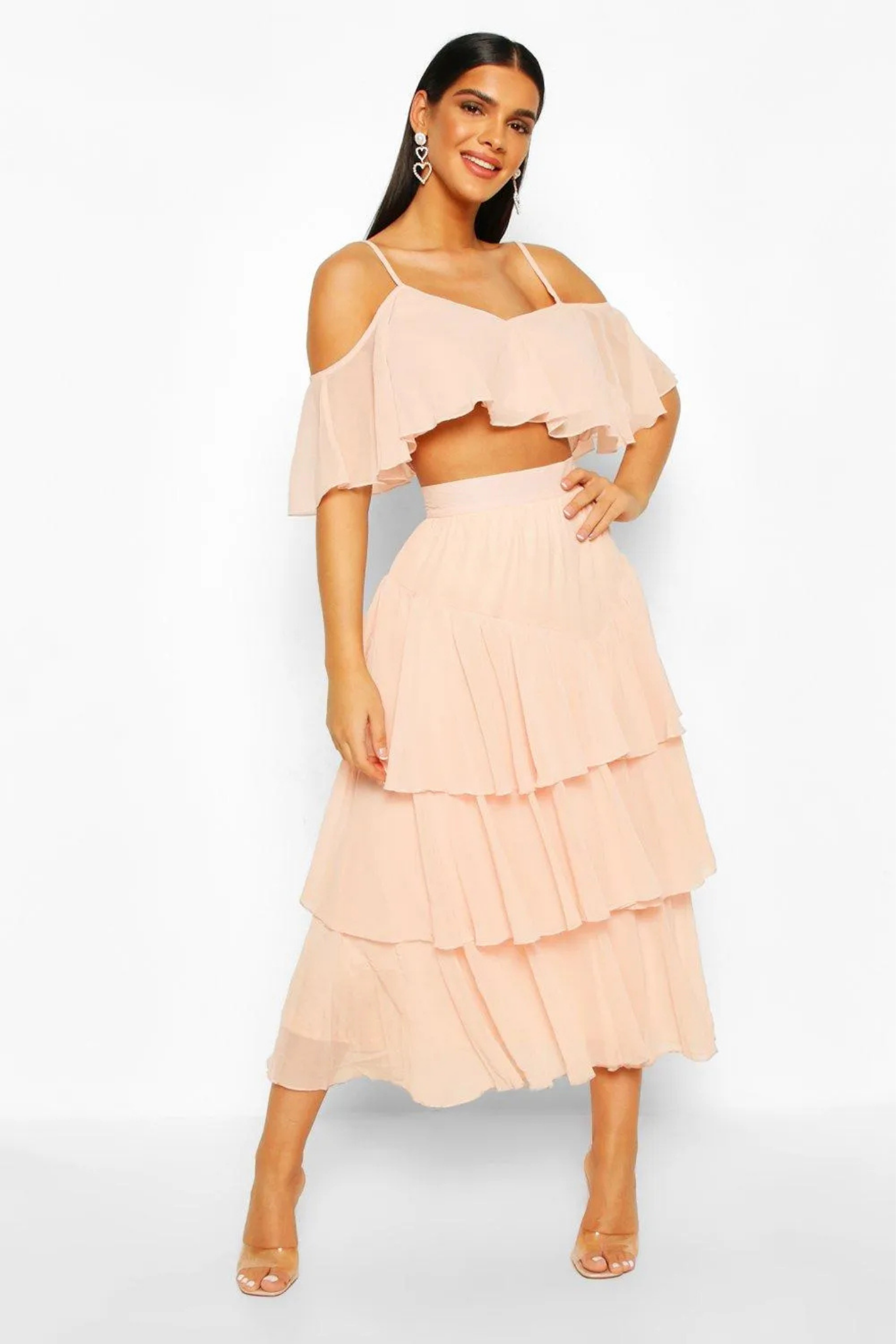 Peach Chiffon Ruffle Top & Skirt Co-Ord Set