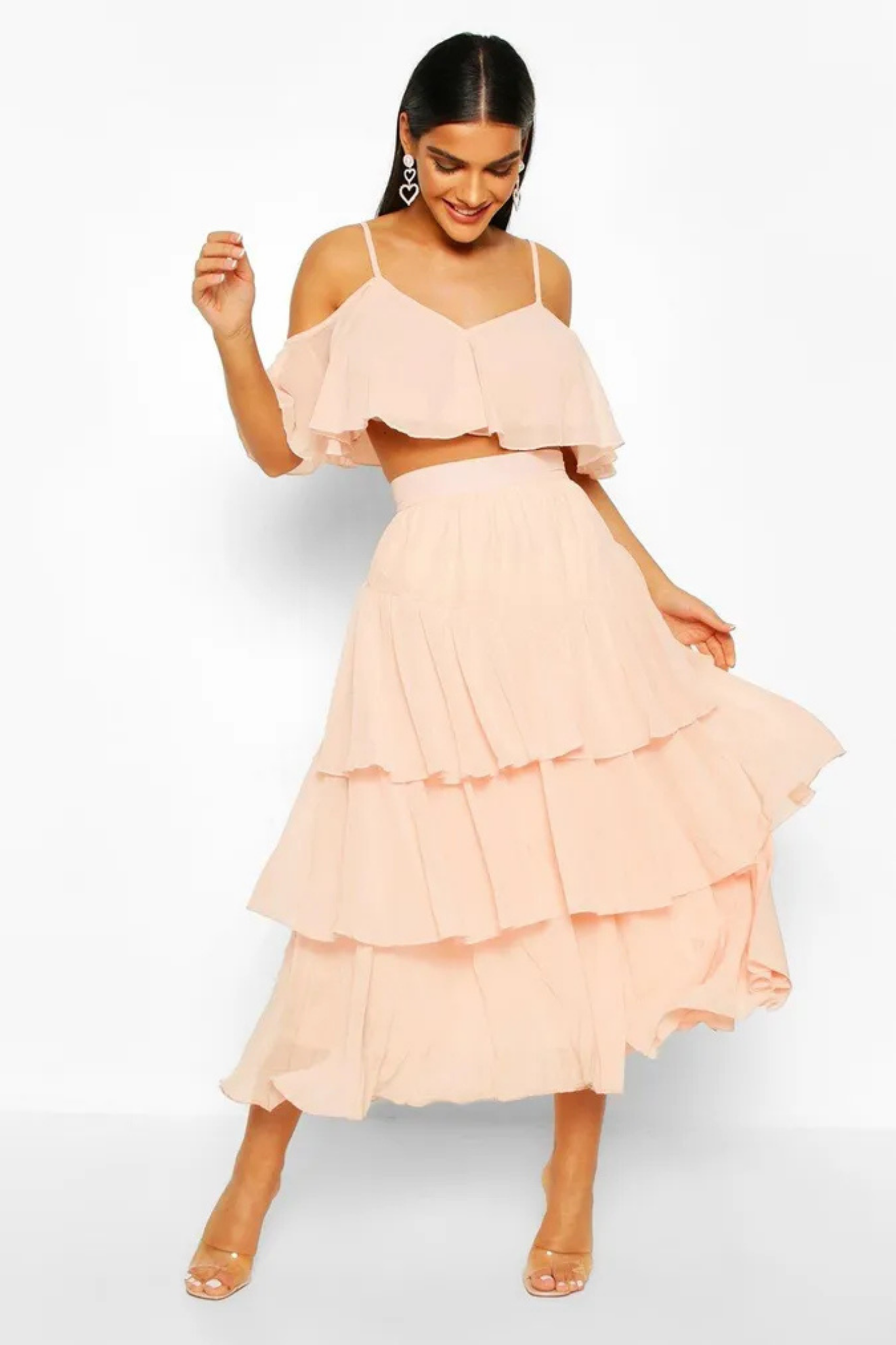 Peach Chiffon Ruffle Top & Skirt Co-Ord Set
