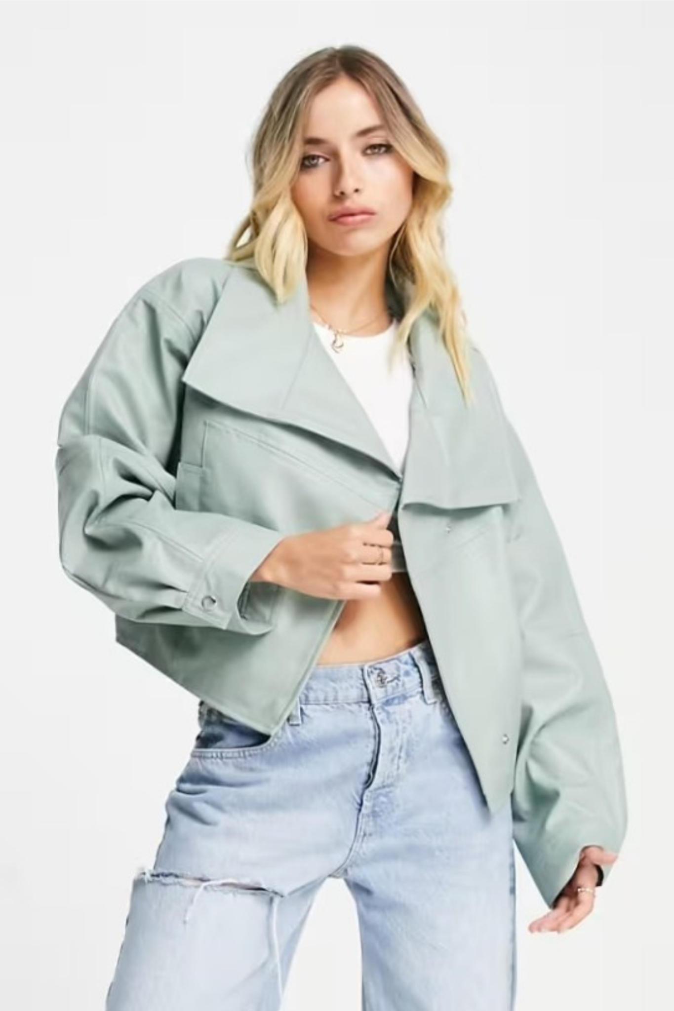 Sage Cropped PU Leather Jacket