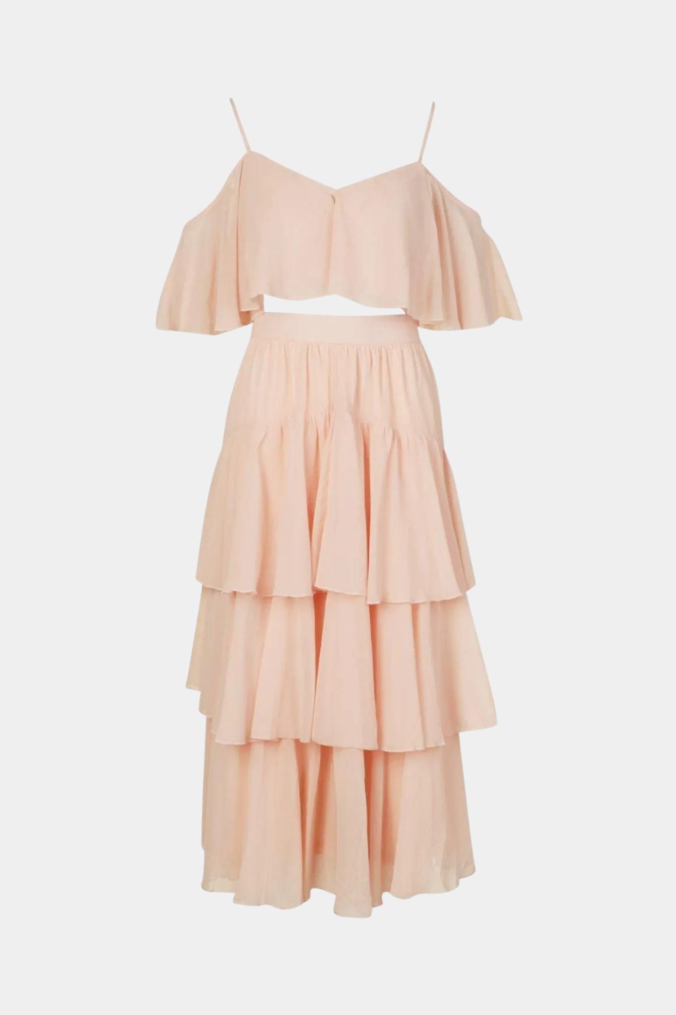 Peach Chiffon Ruffle Top & Skirt Co-Ord Set