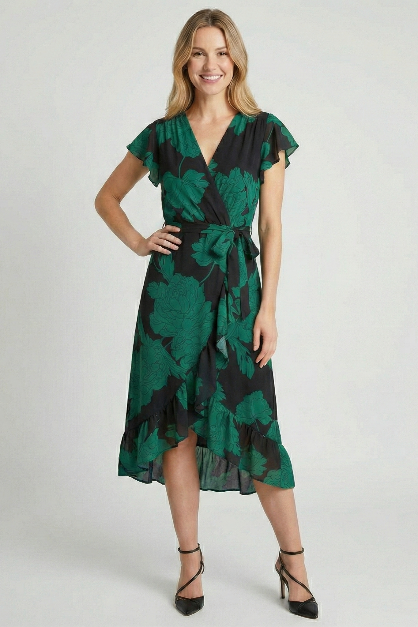 Black And Green Floral Print Wrap Midi Dress