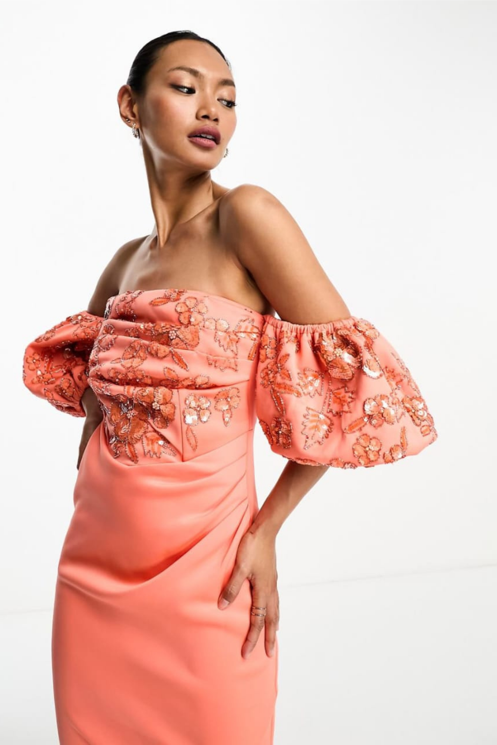 Coral Sheath Embellished Bardot Sleeve Dress