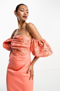Coral Sheath Embellished Bardot Sleeve Dress