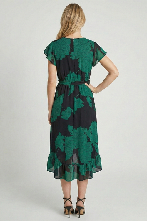 Black And Green Floral Print Wrap Midi Dress