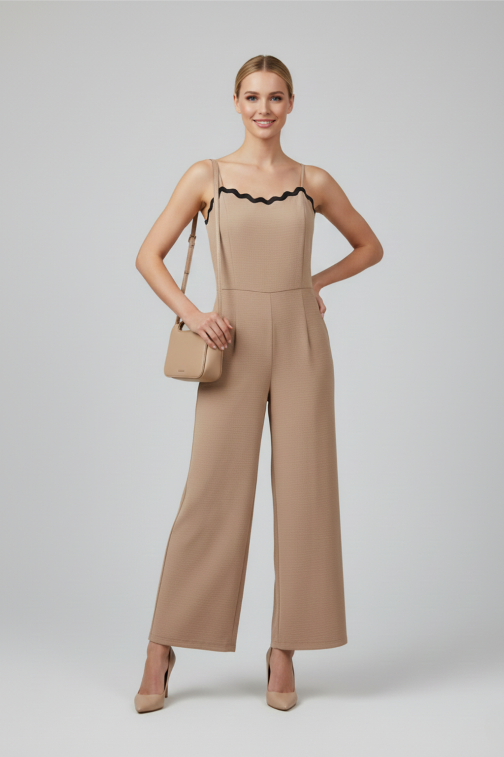 Wavy Trim Spaghetti Strap Jumpsuit