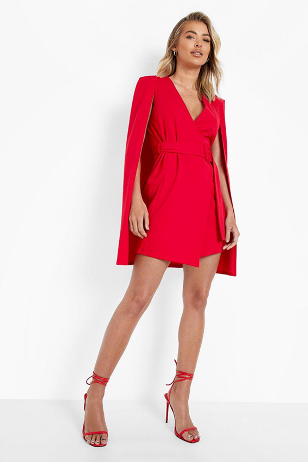 Cape Sleeves Belted Mini Blazer Dress