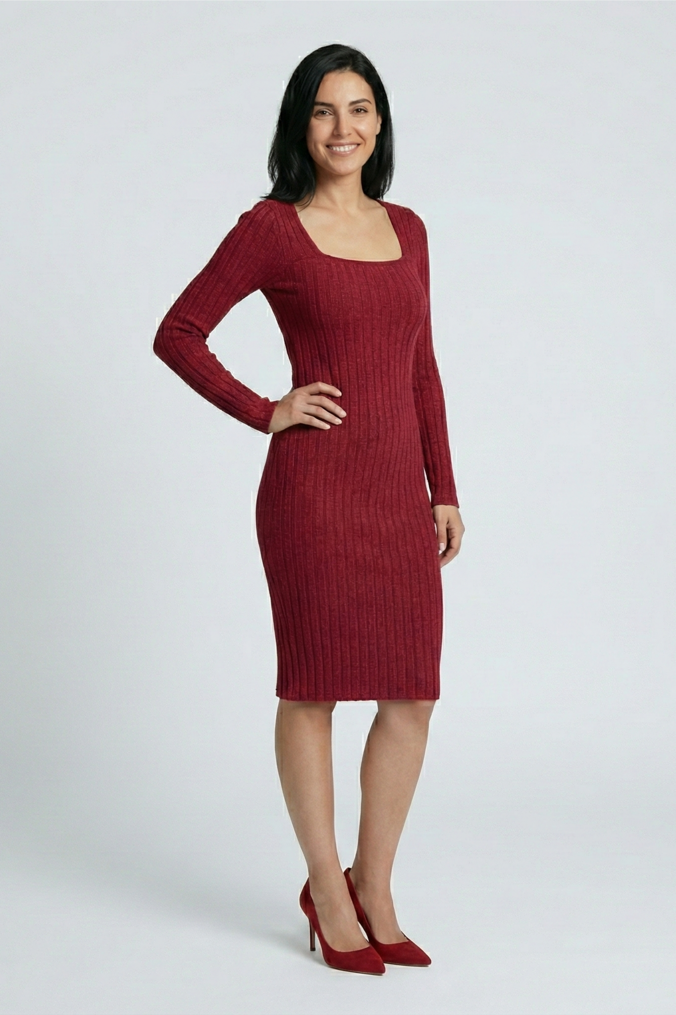 Burgundy Square Neck Knit Dress