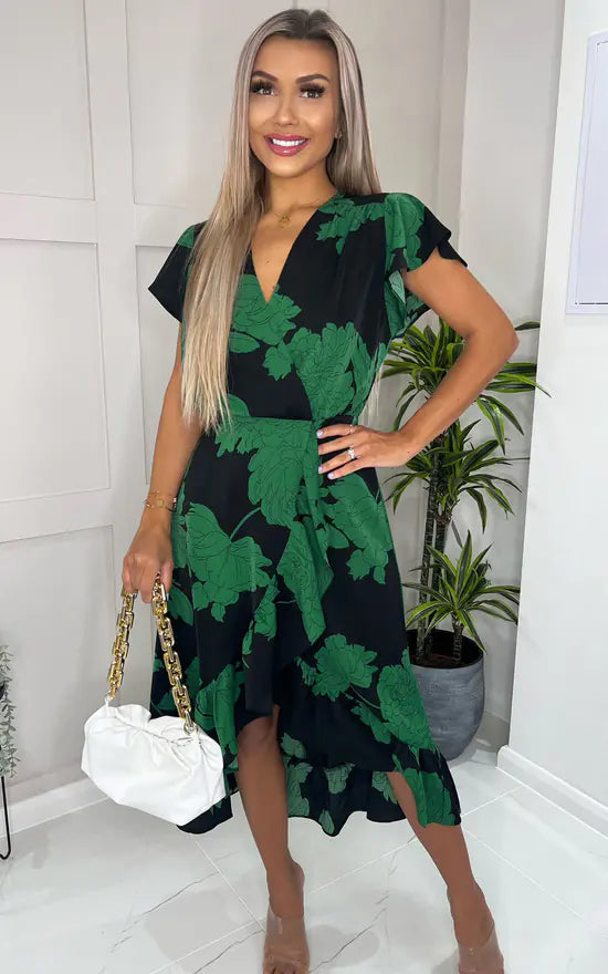 Black And Green Floral Print Wrap Midi Dress