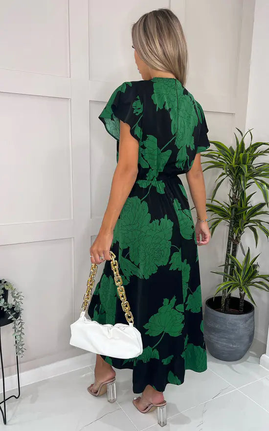 Black And Green Floral Print Wrap Midi Dress