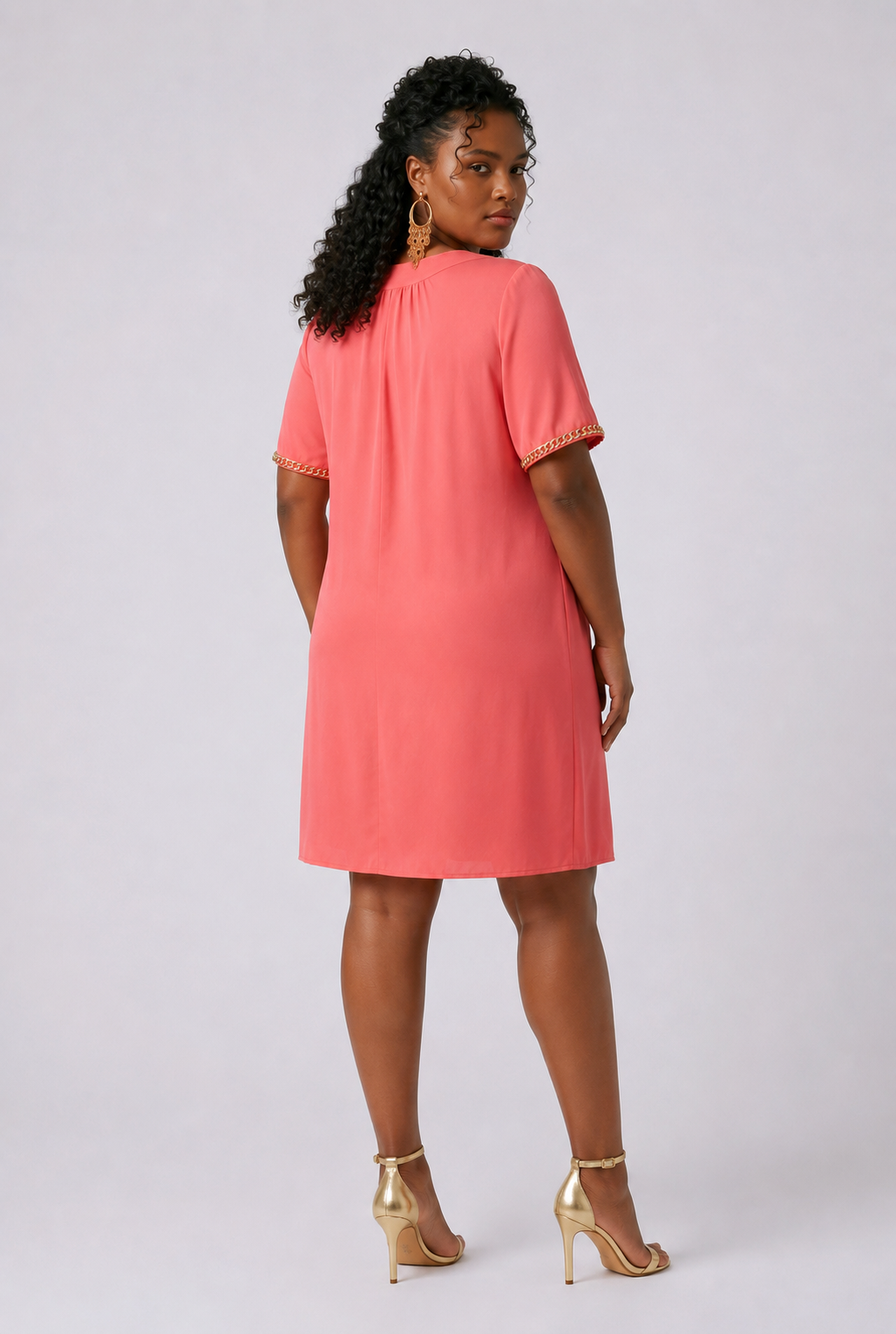 Coral Shift Dress with Gold Chain Detail