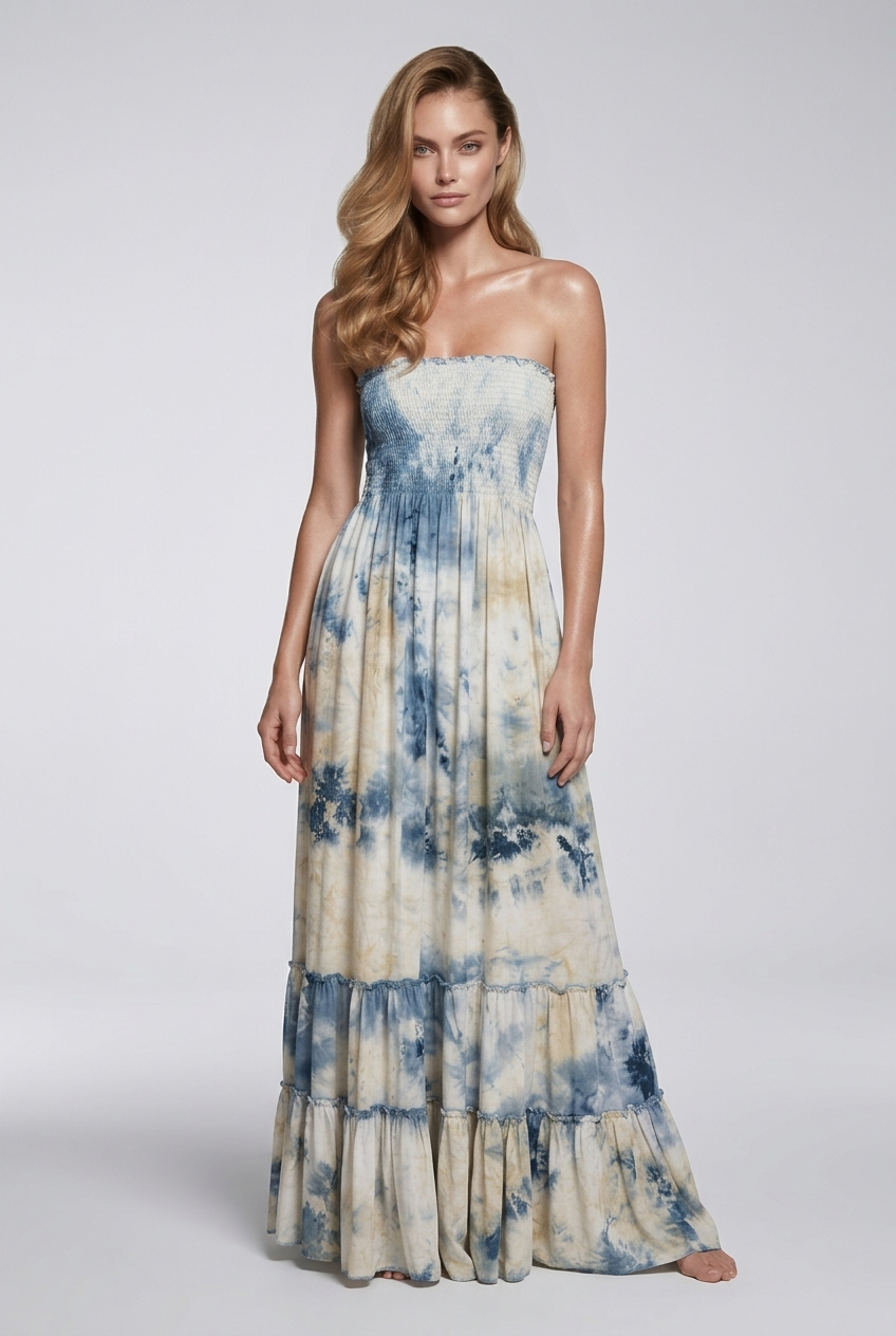 One Size/ Tie-dye Shirred Strapless Viscose Maxi Dress