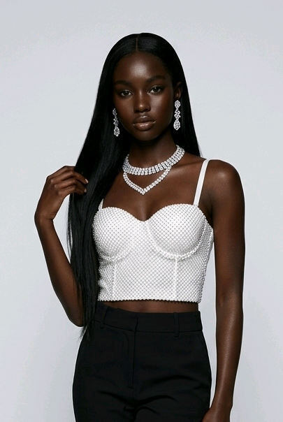 White Rhinestone Bustier Crop Top