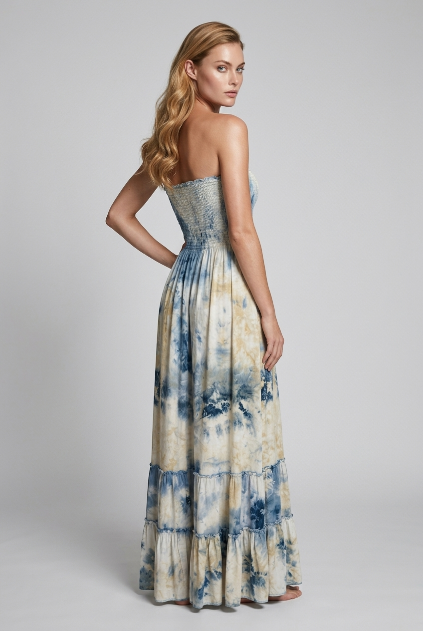 One Size/ Tie-dye Shirred Strapless Viscose Maxi Dress